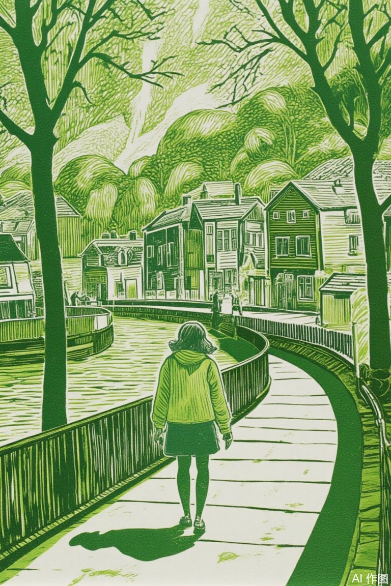 lino print, green theme, a girl was walking by the river,1girl,river,walking