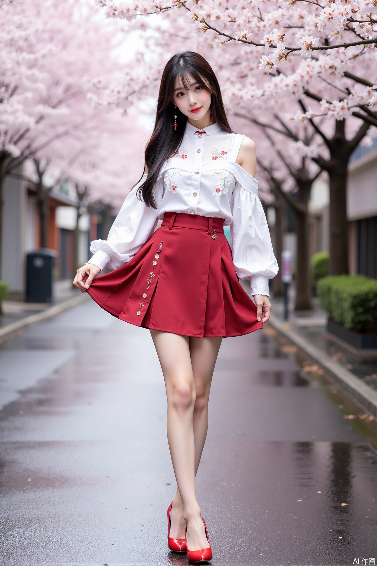 Realistic photo of a young woman with long hair, fair skin, big breast, off-shoulder fashionable shirt, chnstyle skirt, red high heels, wet Japanese street, cherry blossoms,