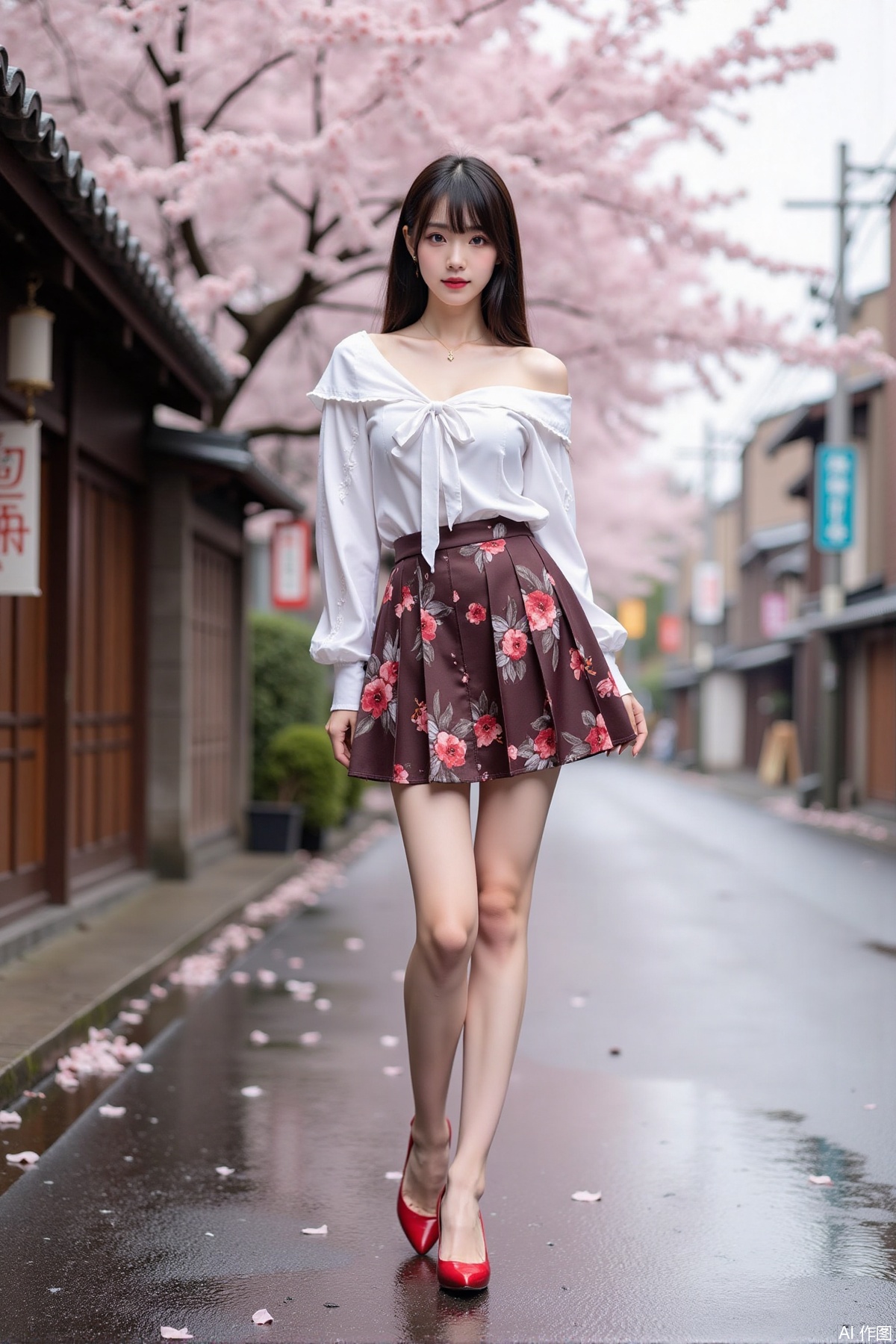 Realistic photo of a young woman with long hair, fair skin, big breast, off-shoulder fashionable shirt, chnstyle skirt, red high heels, wet Japanese street, cherry blossoms,