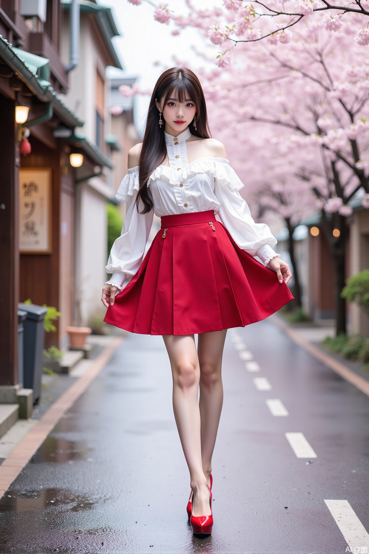Realistic photo of a young woman with long hair, fair skin, big breast, off-shoulder fashionable shirt, chnstyle skirt, red high heels, wet Japanese street, cherry blossoms,