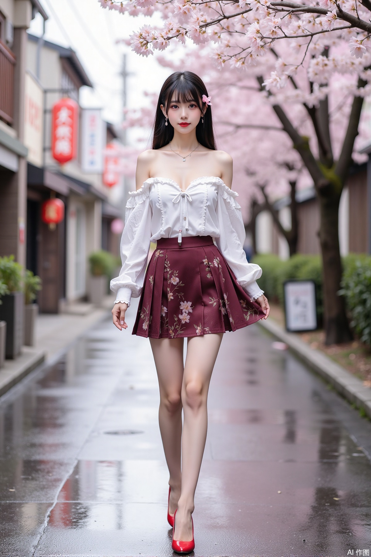 Realistic photo of a young woman with long hair, fair skin, big breast, off-shoulder fashionable shirt, chnstyle skirt, red high heels, wet Japanese street, cherry blossoms,