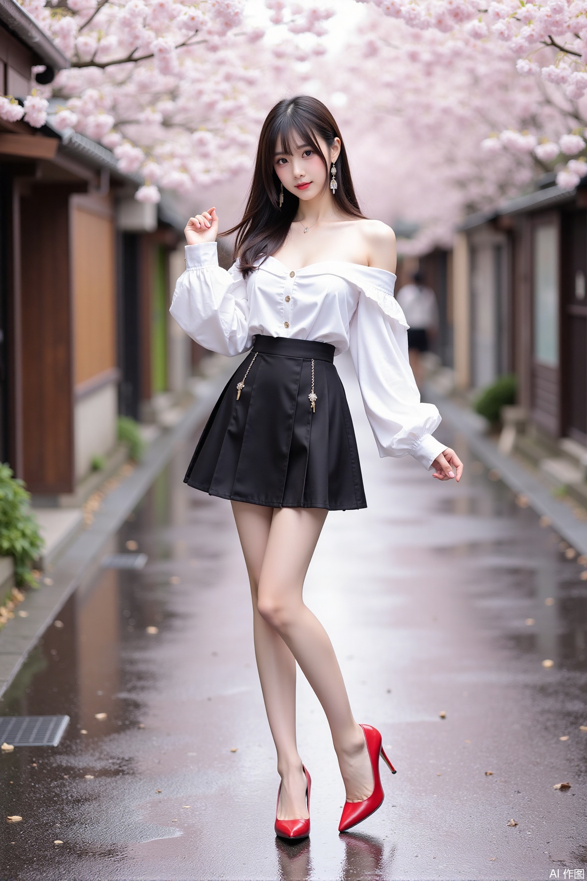 Realistic photo of a young woman with long hair, fair skin, big breast, off-shoulder fashionable shirt, chnstyle skirt, red high heels, wet Japanese street, cherry blossoms,