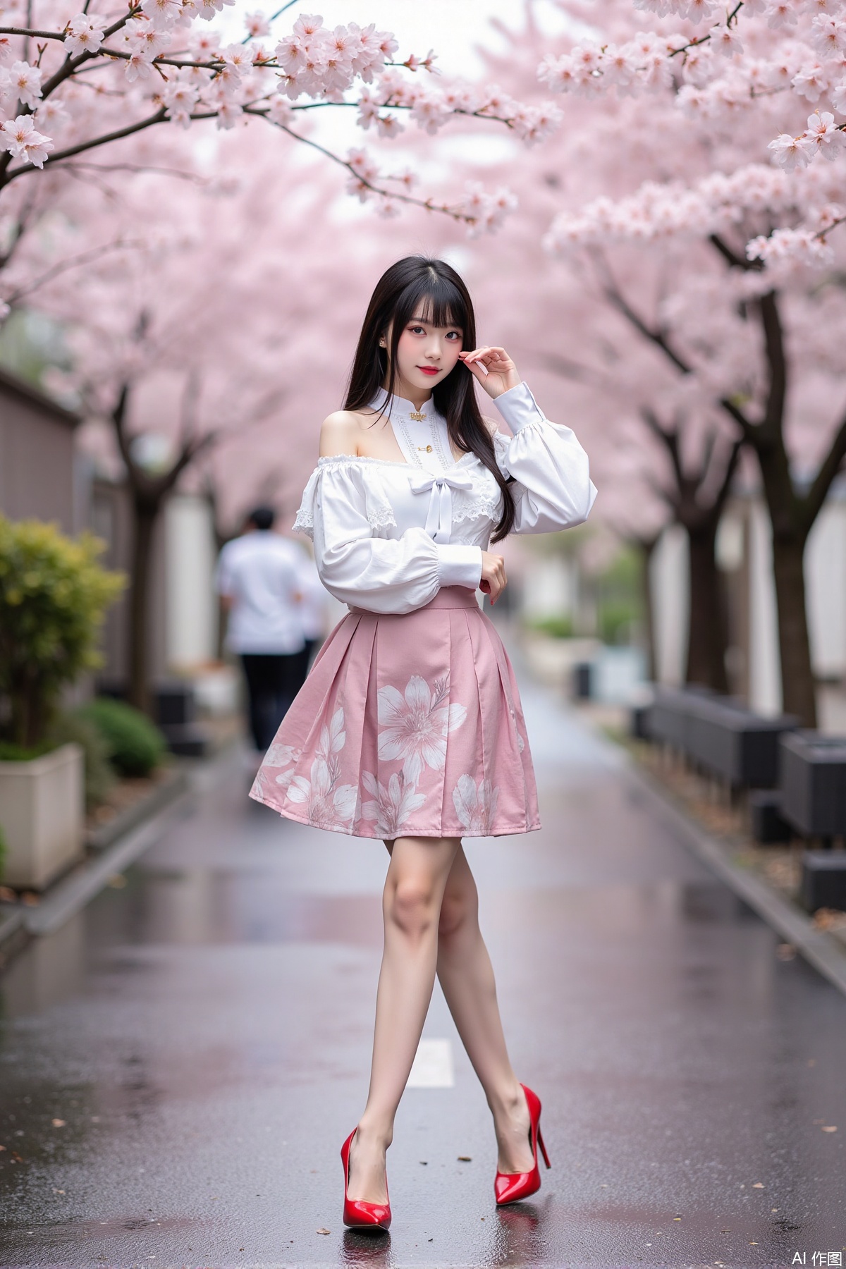 Realistic photo of a young woman with long hair, fair skin, big breast, off-shoulder fashionable shirt, chnstyle skirt, red high heels, wet Japanese street, cherry blossoms,
