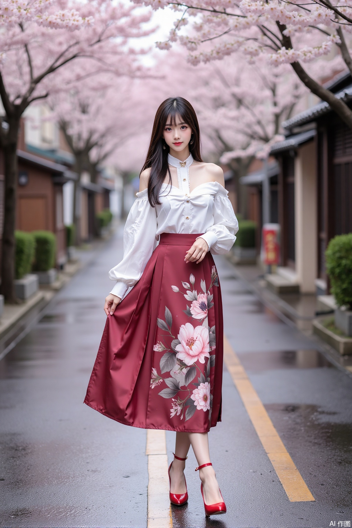 Realistic photo of a young woman with long hair, fair skin, big breast, off-shoulder fashionable shirt, chnstyle skirt, red high heels, wet Japanese street, cherry blossoms,