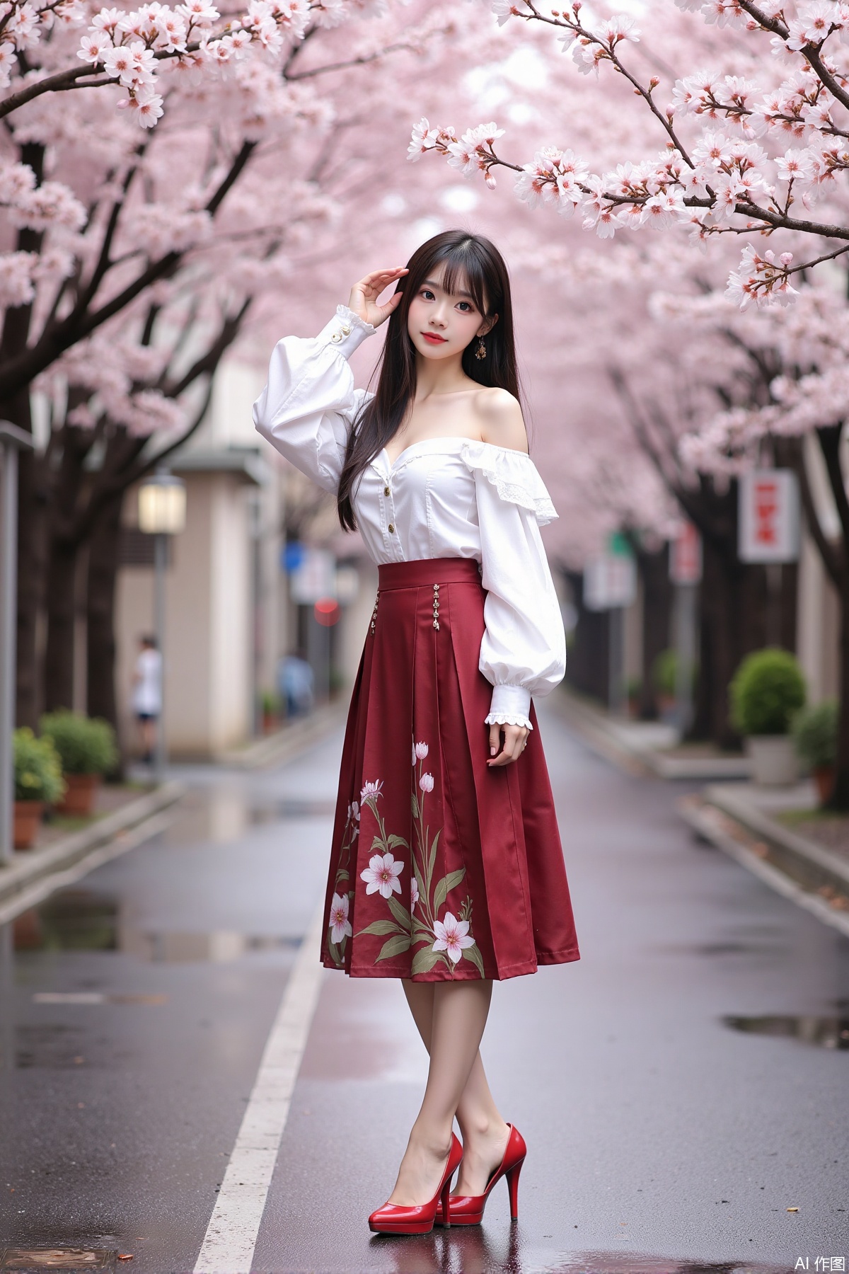 Realistic photo of a young woman with long hair, fair skin, big breast, off-shoulder fashionable shirt, chnstyle skirt, red high heels, wet Japanese street, cherry blossoms,