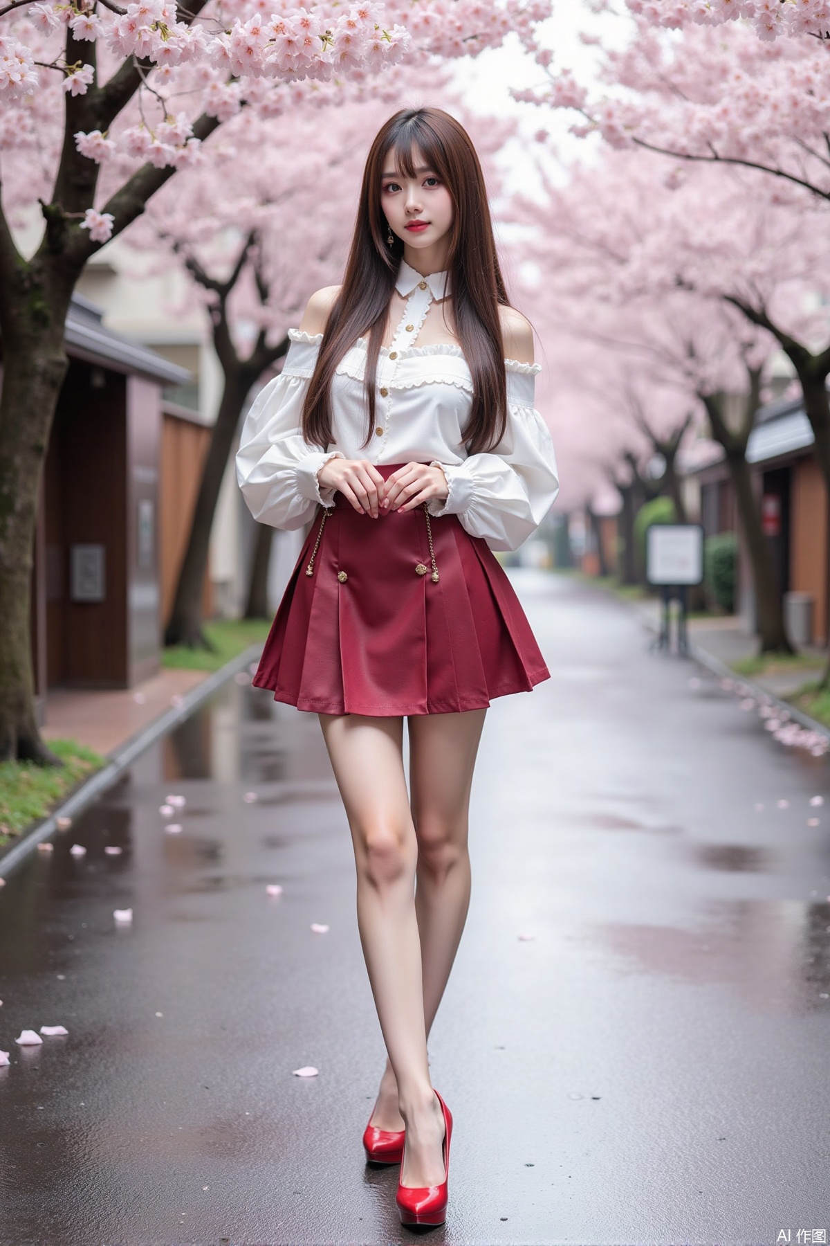 Realistic photo of a young woman with long hair, fair skin, big breast, off-shoulder fashionable shirt, chnstyle skirt, red high heels, wet Japanese street, cherry blossoms,