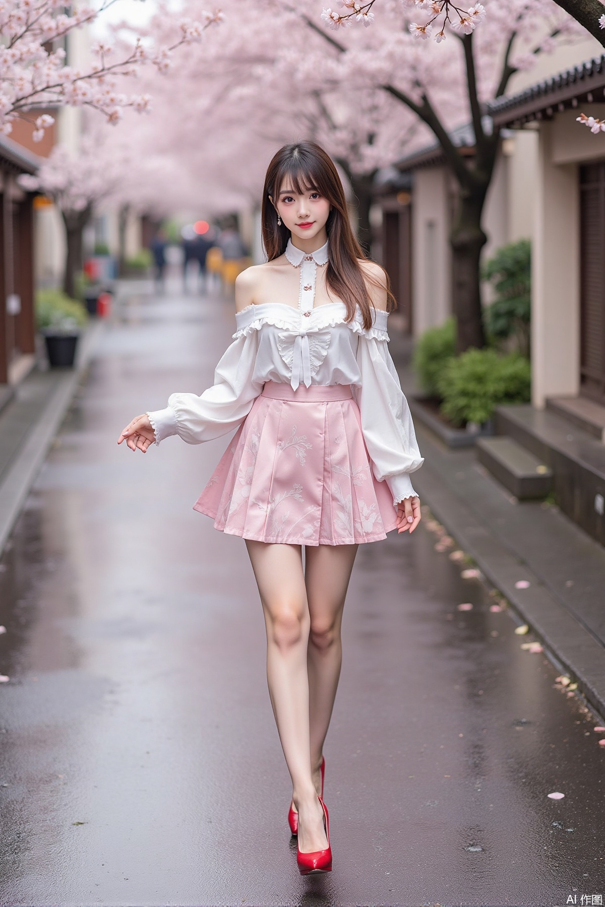 Realistic photo of a young woman with long hair, fair skin, big breast, off-shoulder fashionable shirt, chnstyle skirt, red high heels, wet Japanese street, cherry blossoms,