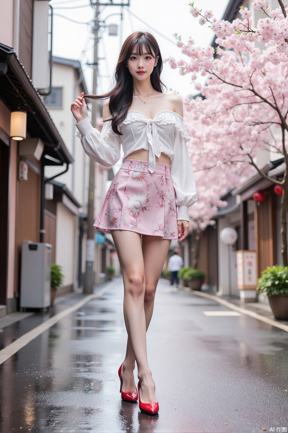 Realistic photo of a young woman with long hair, fair skin, big breast, off-shoulder fashionable shirt, chnstyle skirt, red high heels, wet Japanese street, cherry blossoms,