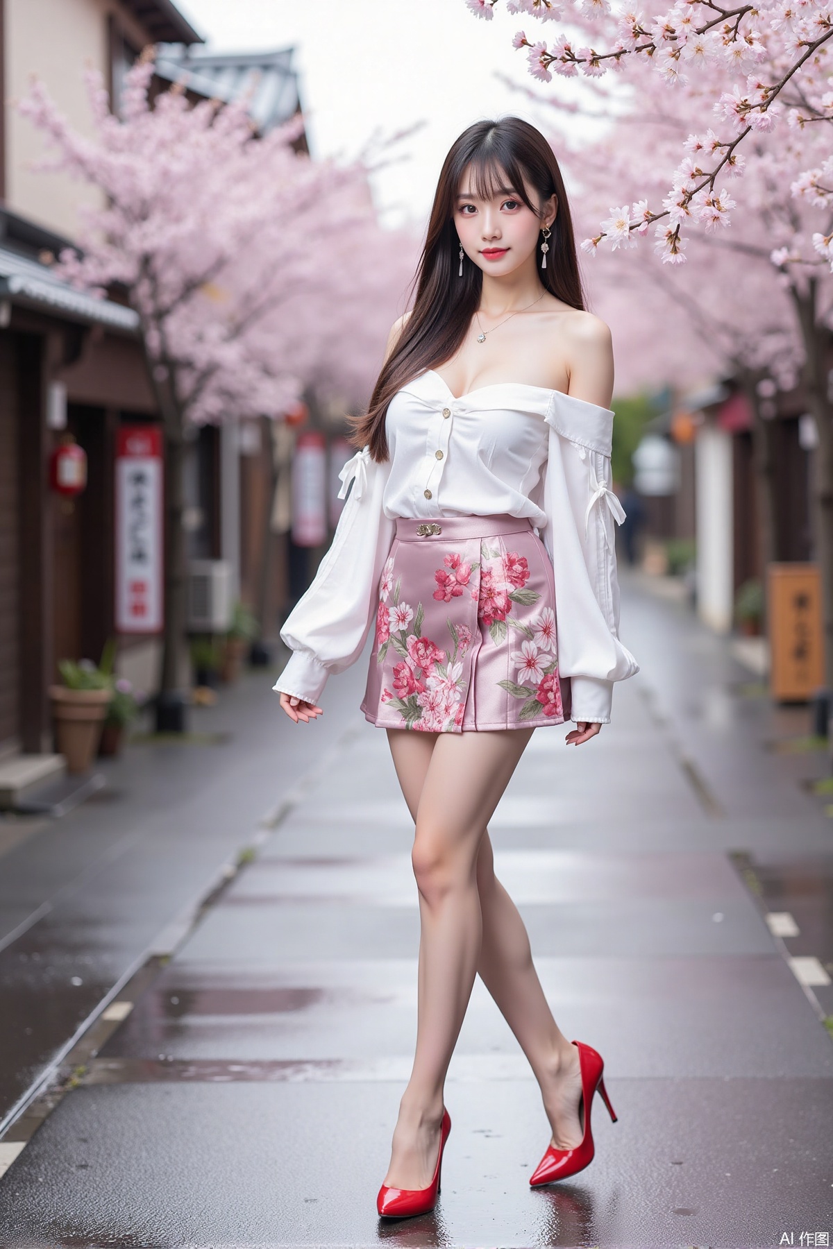 Realistic photo of a young woman with long hair, fair skin, big breast, off-shoulder fashionable shirt, chnstyle skirt, red high heels, wet Japanese street, cherry blossoms,