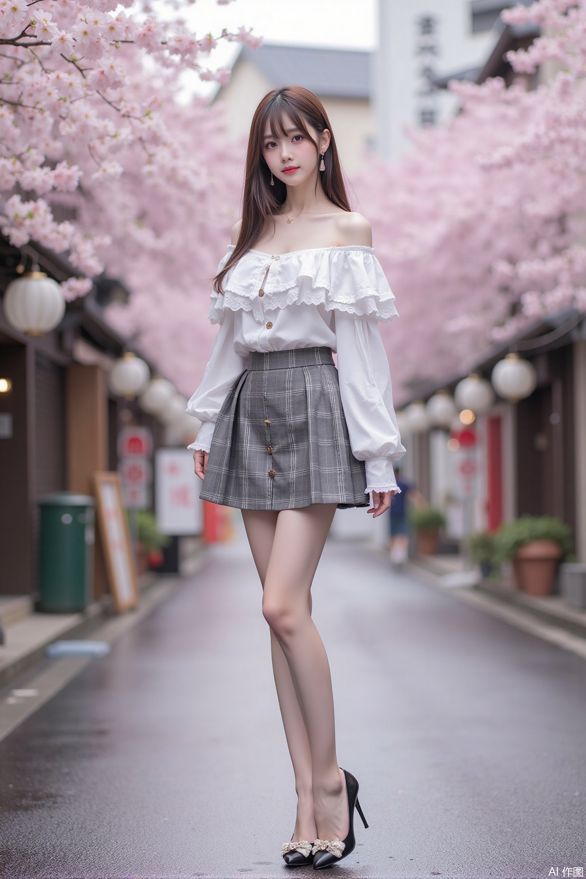 Realistic photo of a young woman with long hair, fair skin, big breast, off-shoulder fashionable shirt, horse-faced skirt, long legs, high heels, wet Japanese street, cherry blossoms,