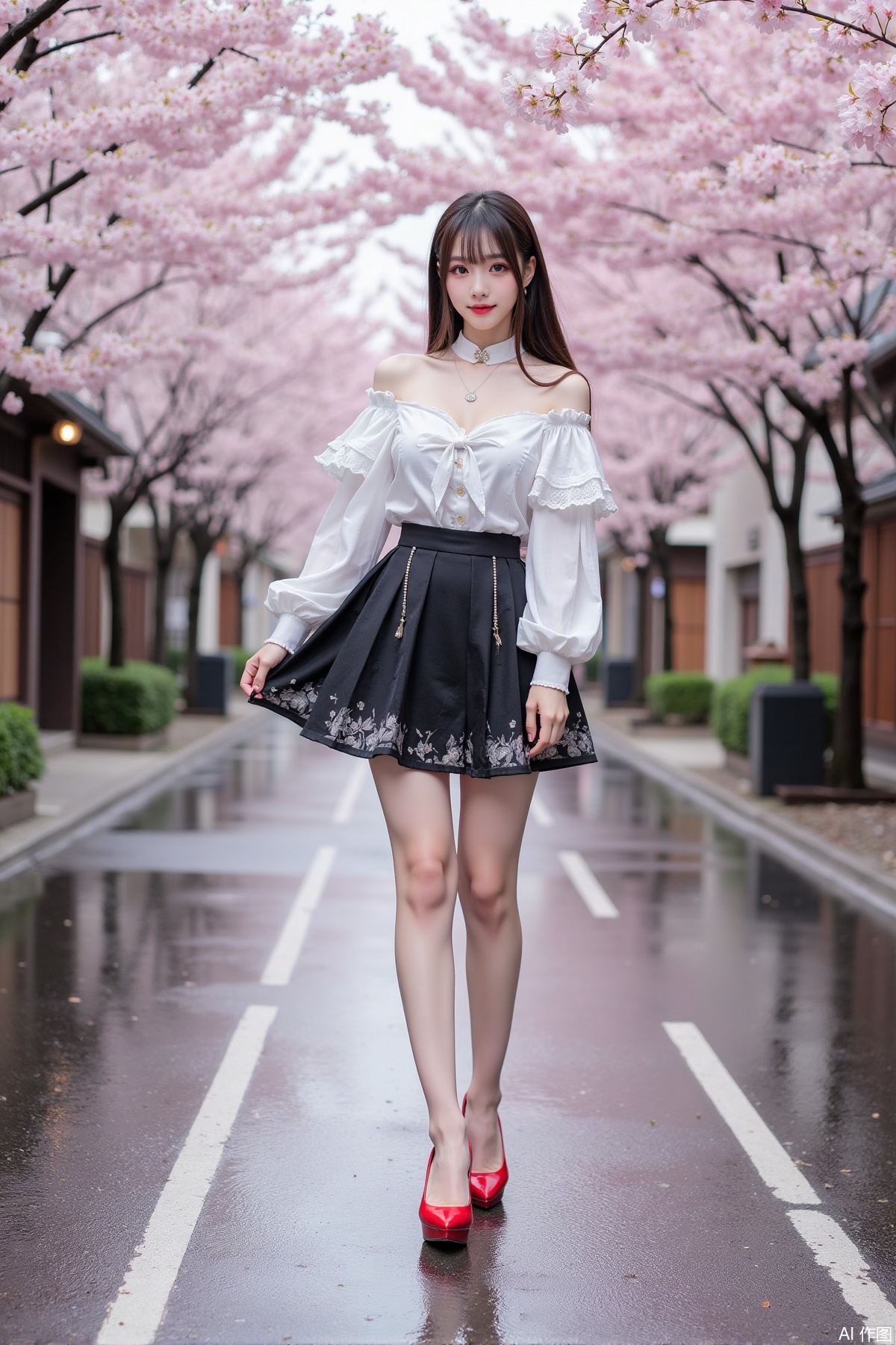 Realistic photo of a young woman with long hair, fair skin, big breast, off-shoulder fashionable shirt, chnstyle skirt, red high heels, wet Japanese street, cherry blossoms,