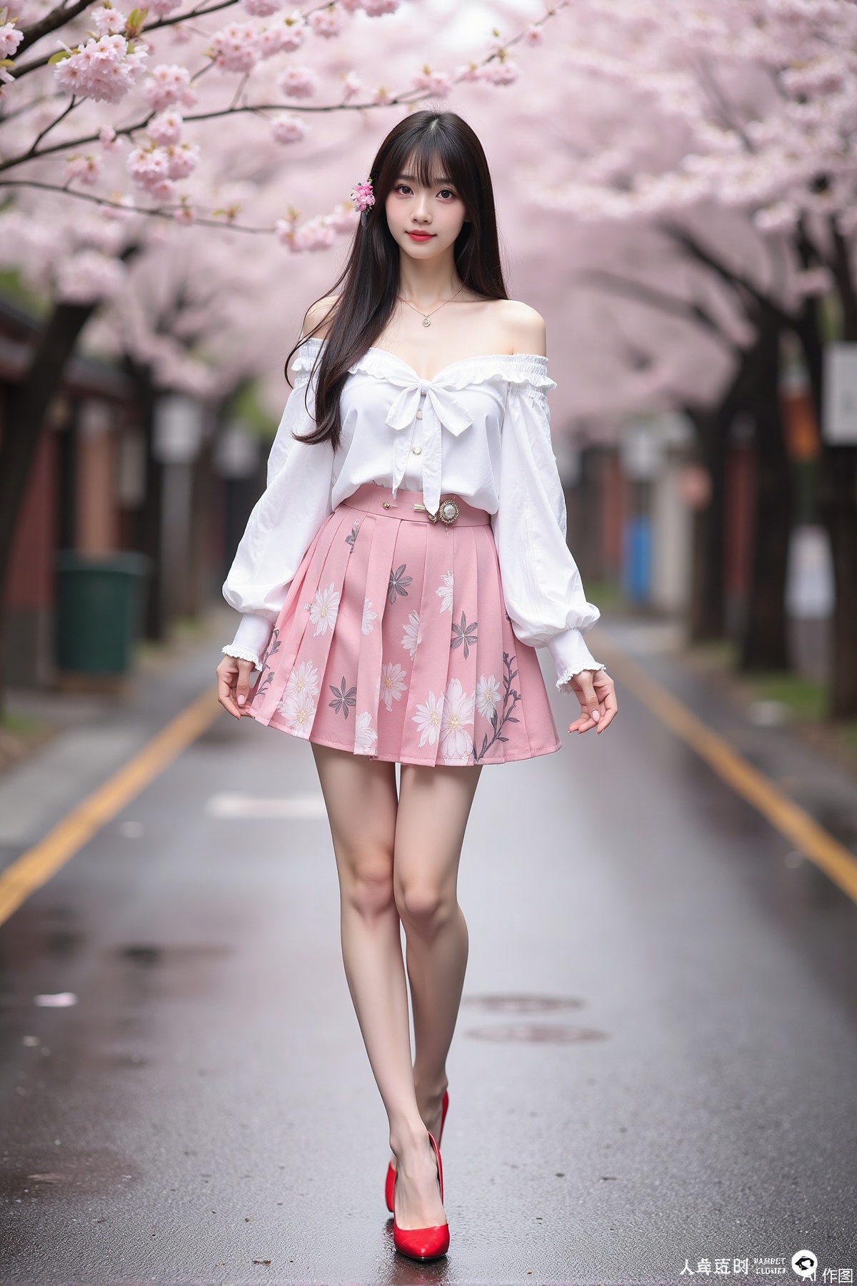 Realistic photo of a young woman with long hair, fair skin, big breast, off-shoulder fashionable shirt, chnstyle skirt, red high heels, wet Japanese street, cherry blossoms,