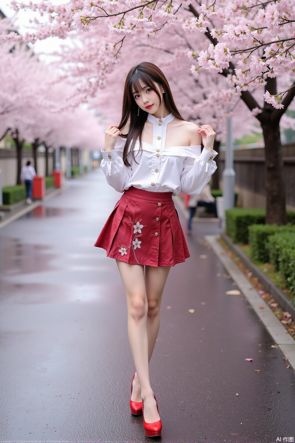 Realistic photo of a young woman with long hair, fair skin, big breast, off-shoulder fashionable shirt, chnstyle skirt, red high heels, wet Japanese street, cherry blossoms,