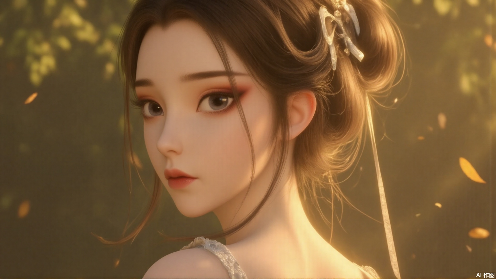 GF
masterpiece:1.2),best quality,high resolution,unity 8k wallpaper,(illustration:1),perfect lighting,extremely detailed CG,finely detail,extremely detailed,soft lighting and shadow,soft yet striking lighting,film grain:1.2,(skin pores:1.2),(detailed skin texture:1),((solo:1.5)),Detailed face,(see-through:1.1),misty,Low Key:1.1,depth of field,
Floodlight,This is a sunlit portrait of a young girl in profile with her back to the camera,bathed in warm,soft light that creates a halo effect around her. Her brown hair is loosely tied back with curls twisting around her face and neck. She is wearing a see-through strapless white dress trimmed with lace. The background is blurred to ensure that the focus is on the subject. The photograph is softly lit and luminous,with delicate romantic tones and an ethereal,dreamy quality. The soft focus enhances the gentle and serene atmosphere of the image.,