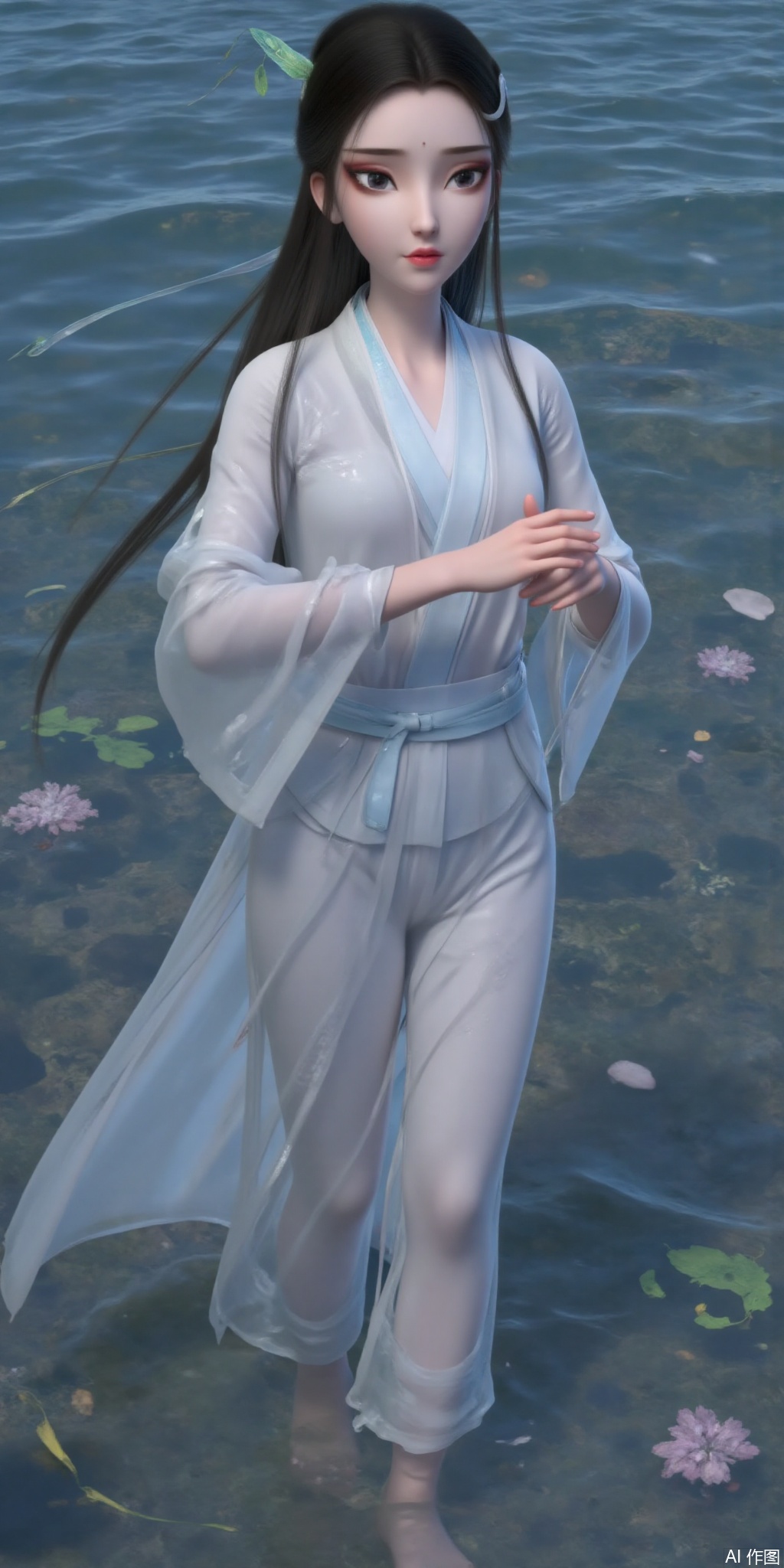 Prompt: masterpiece, best quality, ultra-detailed, detailed pupils, photography, pale, realistic skin texture, stunning details, masterpiece, best quality, ultra-detailed, detailed pupils, photography, pale, realistic skin texture,HD, ultra HD, 16K high quality, highest picture quality, masterpiece, master masterpiece, top CG rendering, realistic, real texture, real photos, cinematic, high quality, studio lighting, full body, long legs, good figure, real photos, cinematic, high quality, studio lighting,HD, 32k, best quality, 8k,,,,,,,,,A serene Asian beauty with a perfect physique, enveloped by water. She stands in the shallow end, her long hair flowing like seaweed, with a flowing shirt that wraps around her torso, completely covering her chest. The soft ripples of the water create a sense of calm, as she gazes out at the viewer with a peaceful expression.