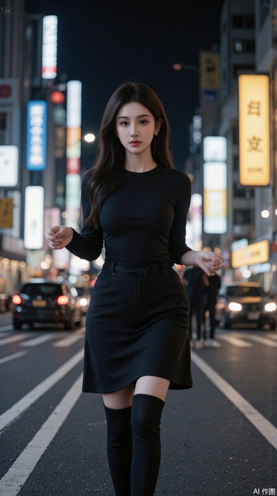 On the neon streets of the city, the wind blew long hair, and I was wearing cool black clothes, blending with the bustling hustle and bustle. The lights of the city seem to tell stories, and I am a unique existence in this story, with calm steps towards the wonderfulness of the unknown.,sexy figure