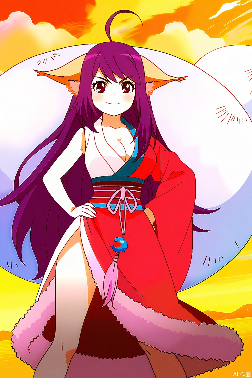 1girl, solo, long hair, breasts, looking at viewer, large breasts, red eyes, thighhighs, animal ears, cleavage, very long hair, purple hair, ahoge, japanese clothes, kimono, sash, antenna hair, single sleeve,masterpiece,best quality,official art,extremely detailed CG unity 8k wallpaper,,Thigh exposed,thighhighs,looking at viewer,on the beach,