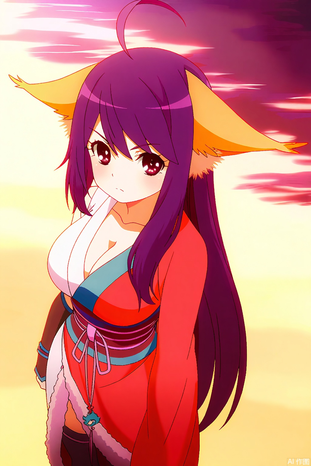 1girl, solo, long hair, breasts, looking at viewer, large breasts, red eyes, thighhighs, animal ears, cleavage, very long hair, purple hair, ahoge, japanese clothes, kimono, sash, antenna hair, single sleeve,masterpiece,best quality,official art,extremely detailed CG unity 8k wallpaper,,Thigh exposed,thighhighs,looking at viewer,on the beach,