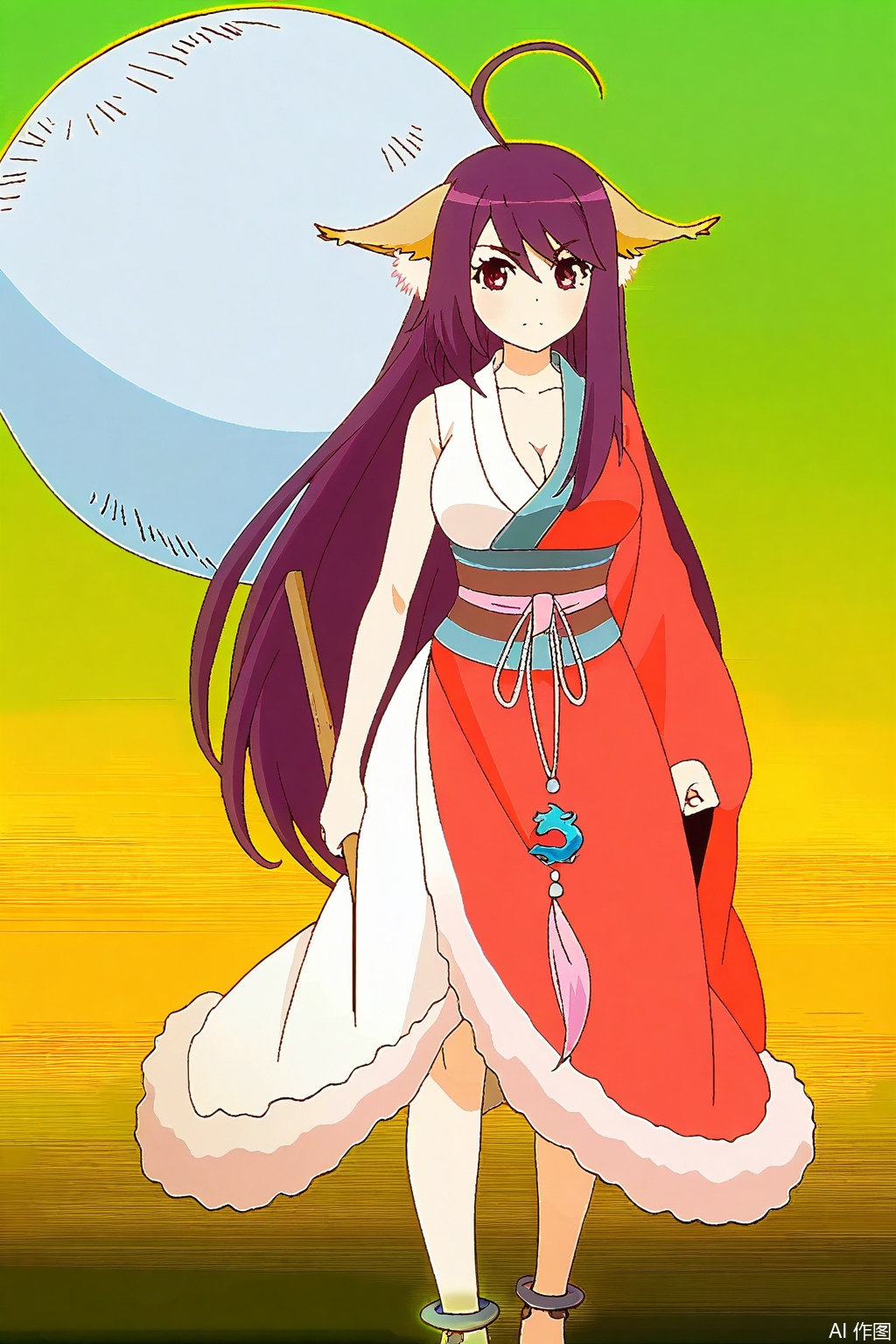 1girl, solo, long hair, breasts, looking at viewer, large breasts, red eyes, thighhighs, animal ears, cleavage, very long hair, purple hair, ahoge, japanese clothes, kimono, sash, antenna hair, single sleeve,masterpiece,best quality,official art,extremely detailed CG unity 8k wallpaper,,Thigh exposed,thighhighs,looking at viewer,on the beach,