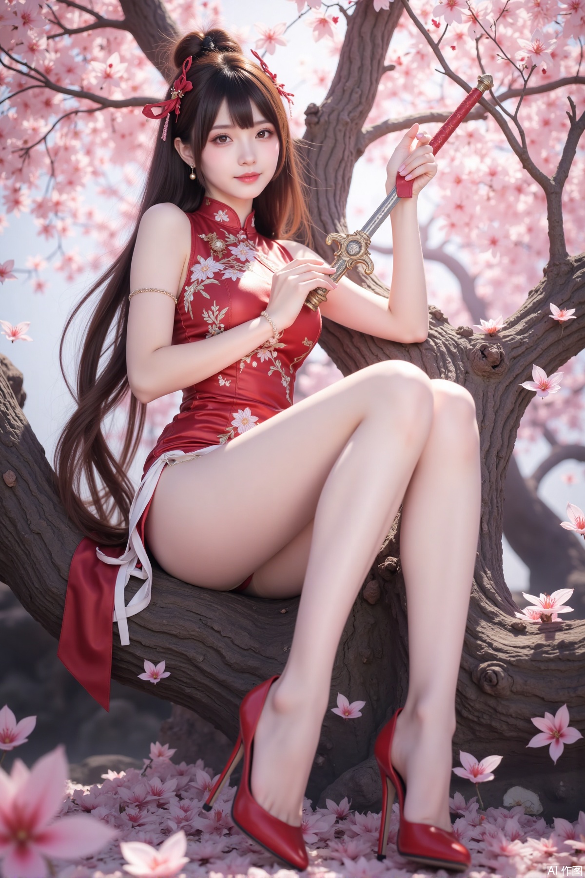 Realistic photo of a young woman with long hair, fair skin, big breast, lace short cheongsam, long legs, red high heels, holding a shining sword, sitting on peach blossom wood, game scene,