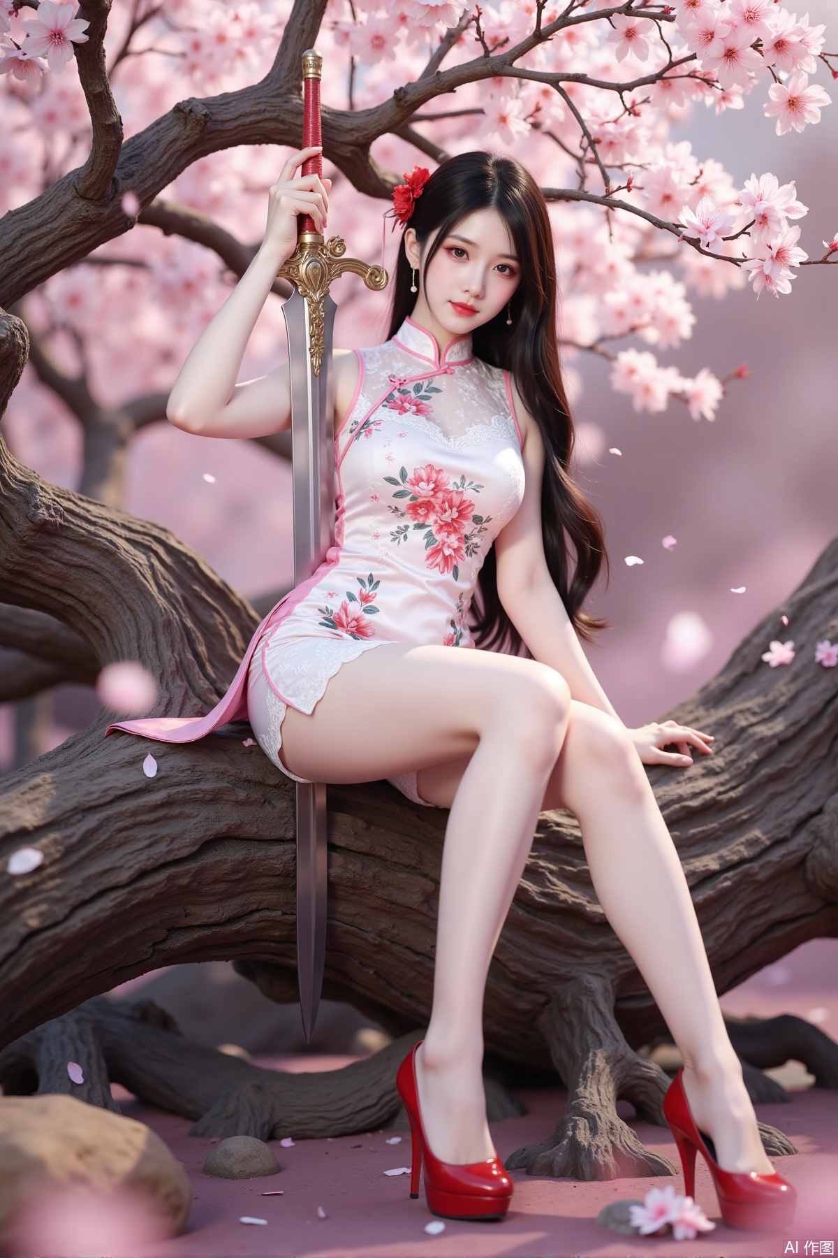 Realistic photo of a young woman with long hair, fair skin, big breast, lace short cheongsam, long legs, red high heels, holding a shining sword, sitting on peach blossom wood, game scene,