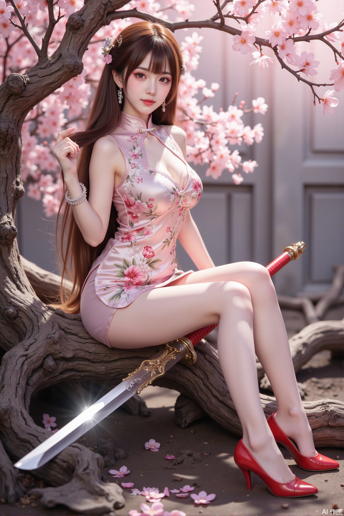 Realistic photo of a young woman with long hair, fair skin, big breast, lace short cheongsam, long legs, red high heels, holding a shining sword, sitting on peach blossom wood, game scene,