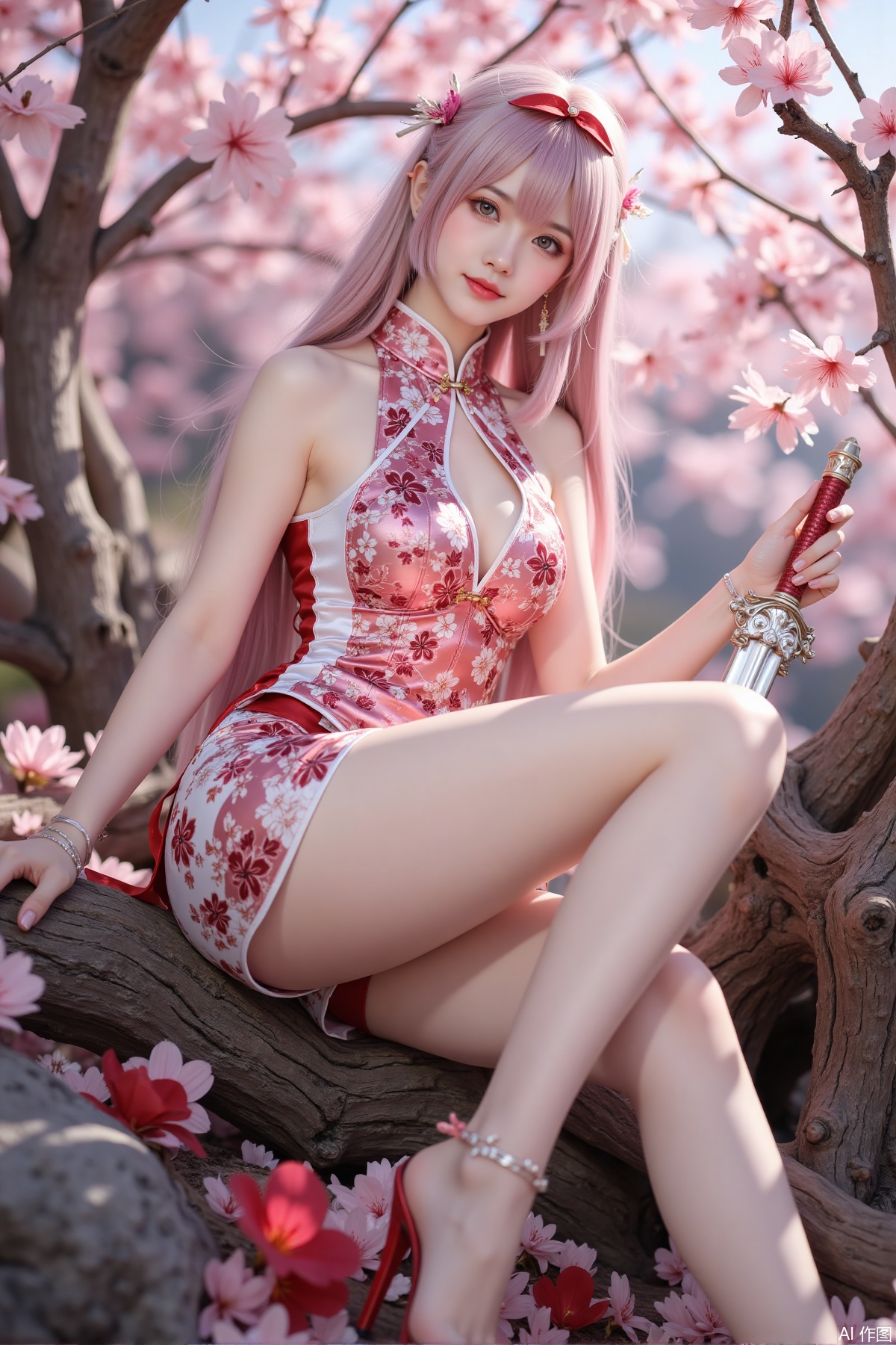 Realistic photo of a young woman with long hair, fair skin, big breast, lace short cheongsam, long legs, red high heels, holding a shining sword, sitting on peach blossom wood, game scene,