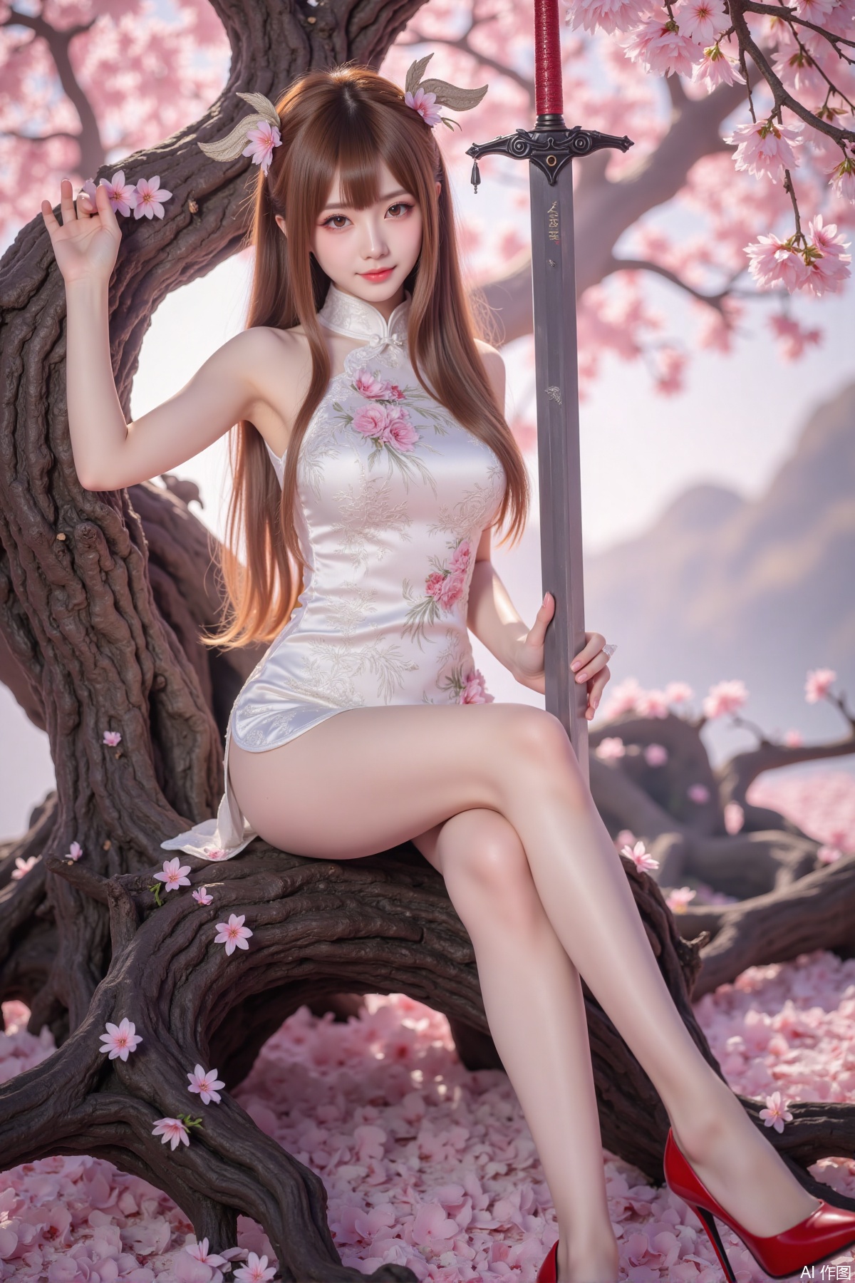 Realistic photo of a young woman with long hair, fair skin, big breast, lace short cheongsam, long legs, red high heels, holding a shining sword, sitting on peach blossom wood, game scene,