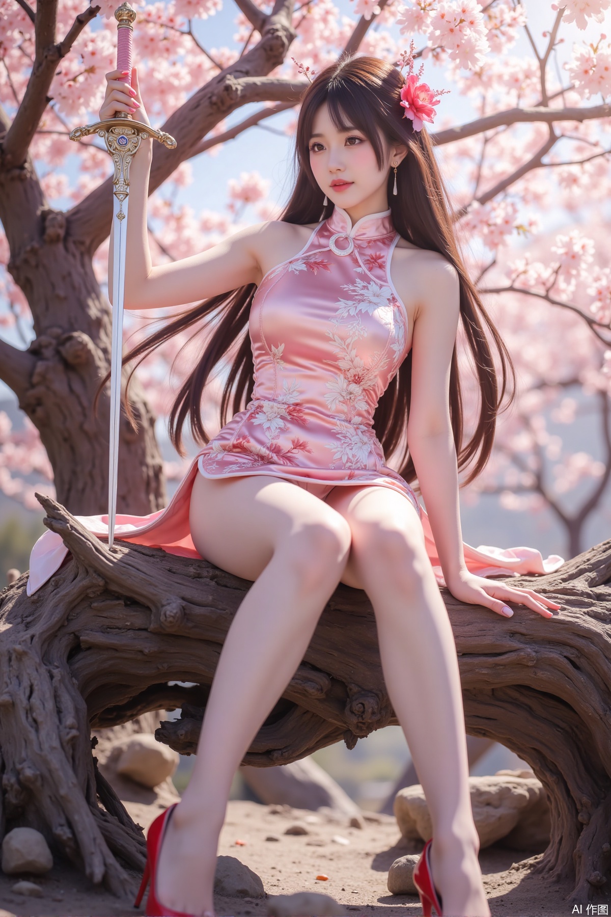 Realistic photo of a young woman with long hair, fair skin, big breast, lace short cheongsam, long legs, red high heels, holding a shining sword, sitting on peach blossom wood, game scene,