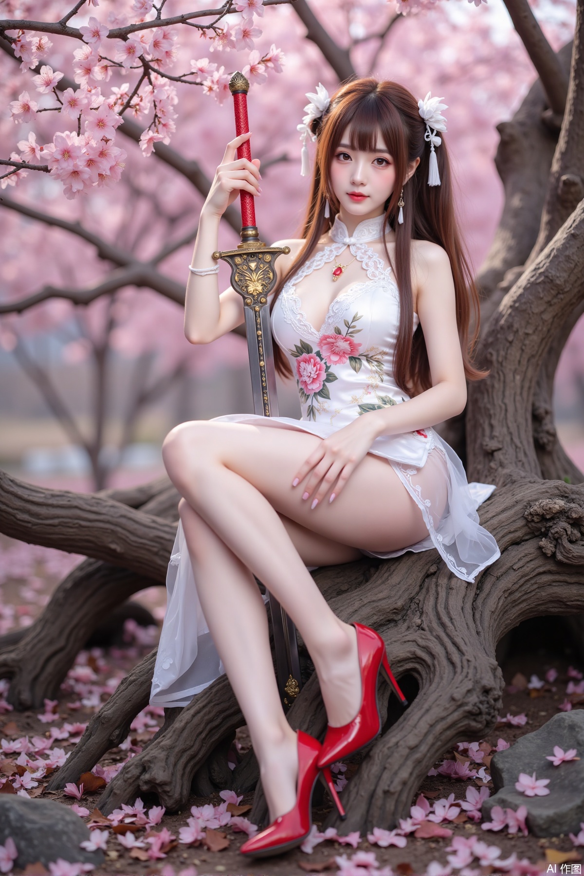 Realistic photo of a young woman with long hair, fair skin, big breast, lace short cheongsam, long legs, red high heels, holding a shining sword, sitting on peach blossom wood, game scene,