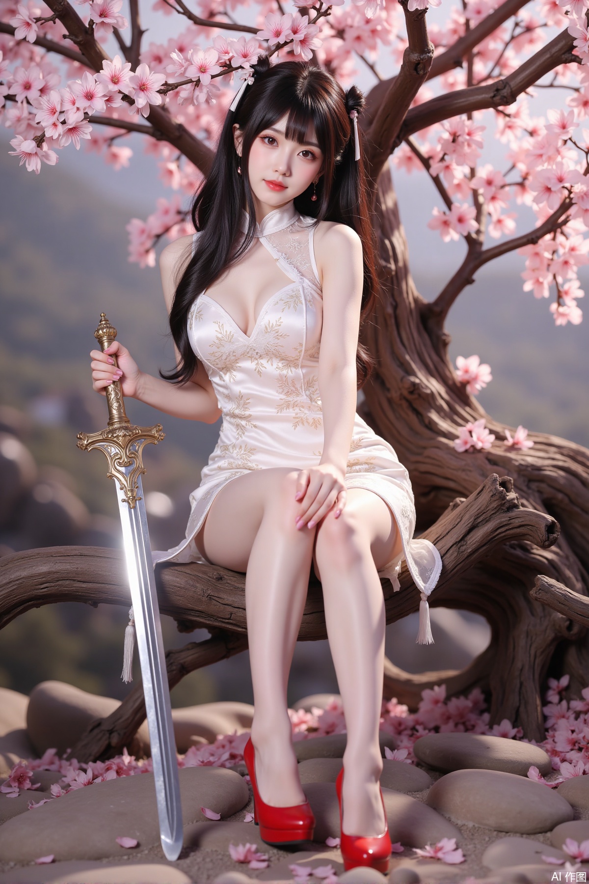 Realistic photo of a young woman with long hair, fair skin, big breast, lace short cheongsam, long legs, red high heels, holding a shining sword, sitting on peach blossom wood, game scene,