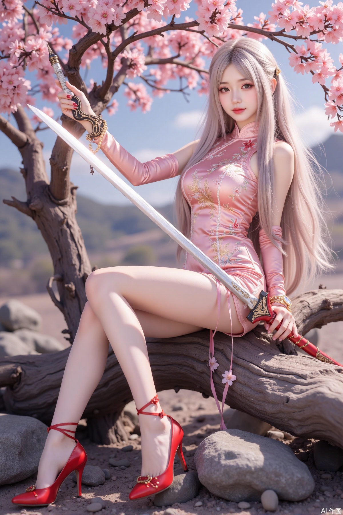 Realistic photo of a young woman with long hair, fair skin, big breast, lace short cheongsam, long legs, red high heels, holding a shining sword, sitting on peach blossom wood, game scene,