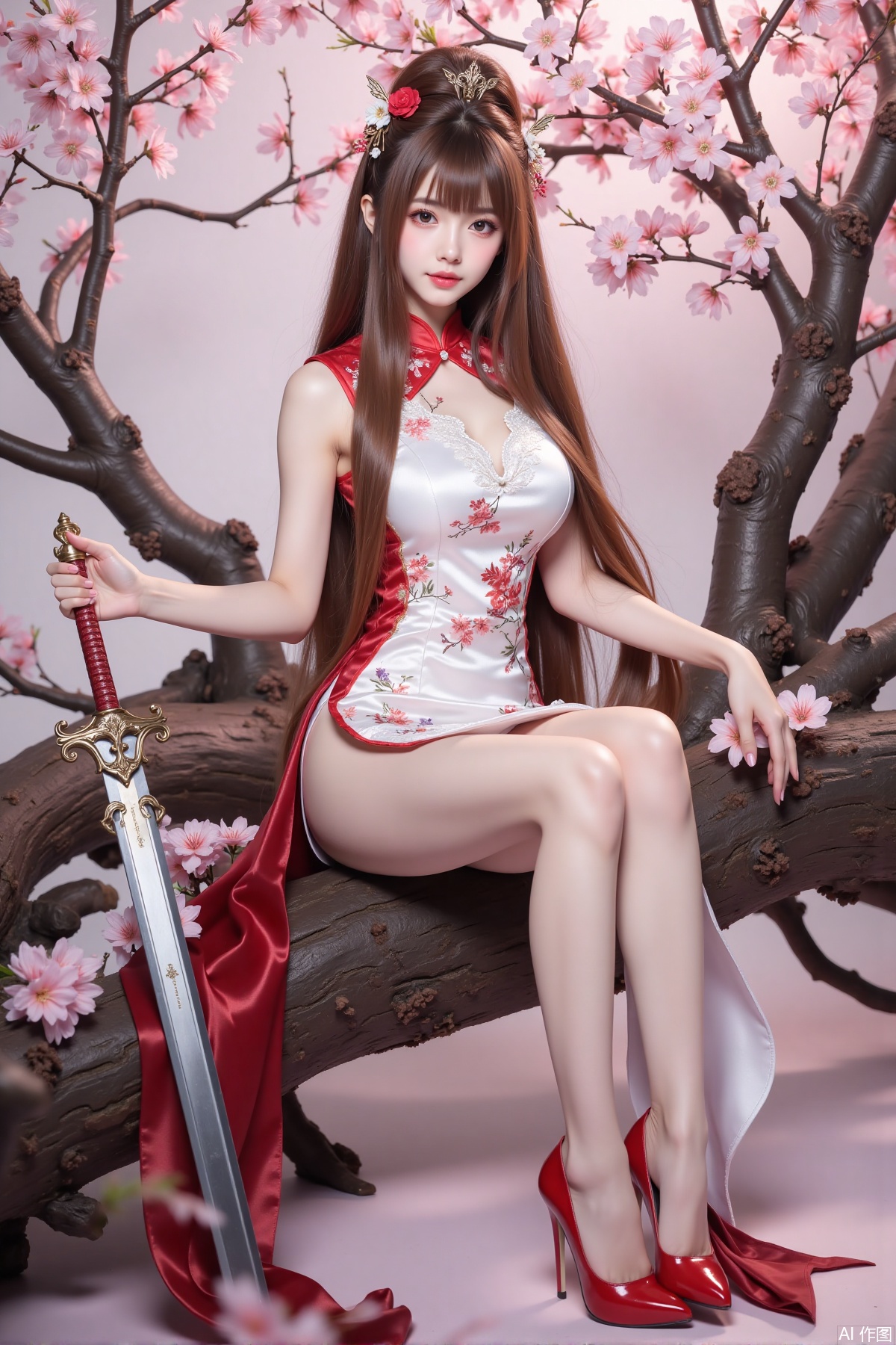 Realistic photo of a young woman with long hair, fair skin, big breast, lace short cheongsam, long legs, red high heels, holding a shining sword, sitting on peach blossom wood, game scene,
