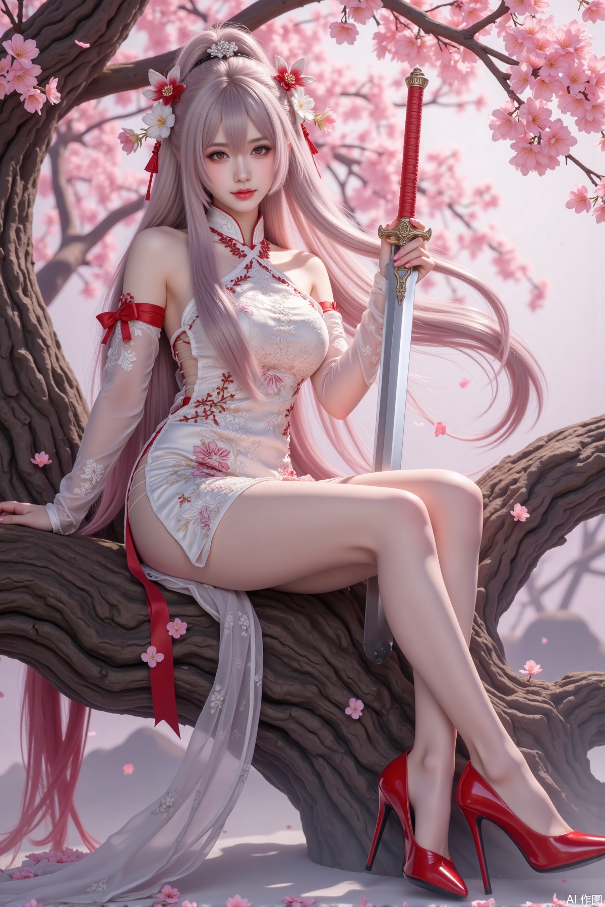 Realistic photo of a young woman with long hair, fair skin, big breast, lace short cheongsam, long legs, red high heels, holding a shining sword, sitting on peach blossom wood, game scene,