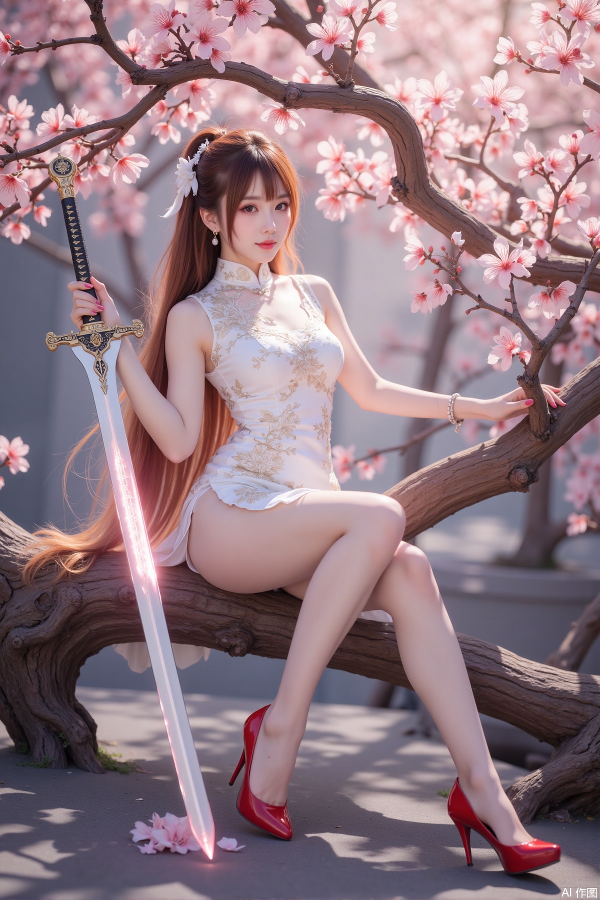 Realistic photo of a young woman with long hair, fair skin, big breast, lace short cheongsam, long legs, red high heels, holding a shining sword, sitting on peach blossom wood, game scene,