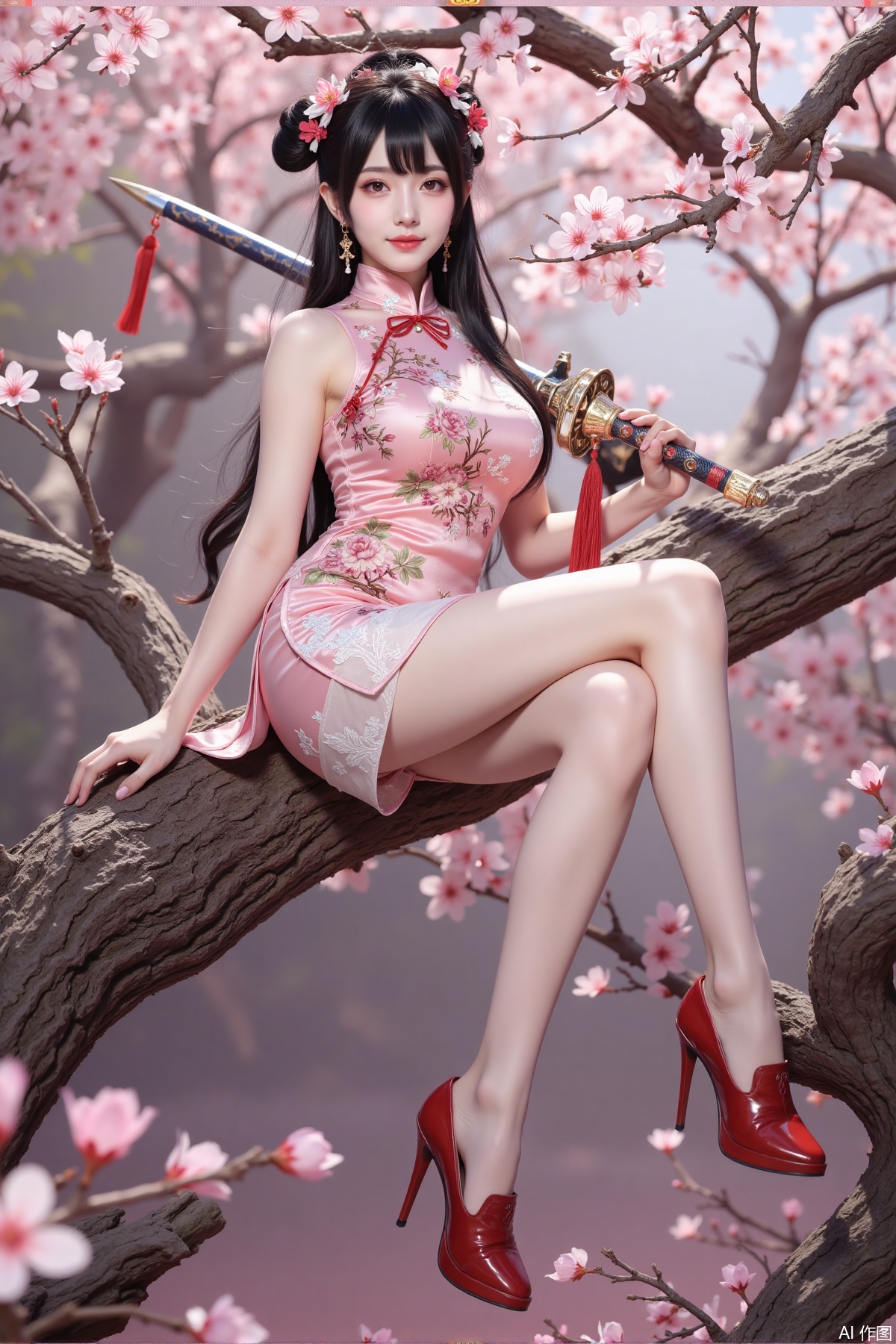 Realistic photo of a young woman with long hair, fair skin, big breast, lace short cheongsam, long legs, red high heels, holding a shining sword, sitting on peach blossom wood, game scene,