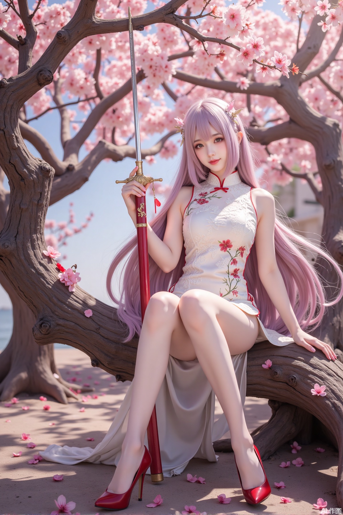 Realistic photo of a young woman with long hair, fair skin, big breast, lace short cheongsam, long legs, red high heels, holding a shining sword, sitting on peach blossom wood, game scene,