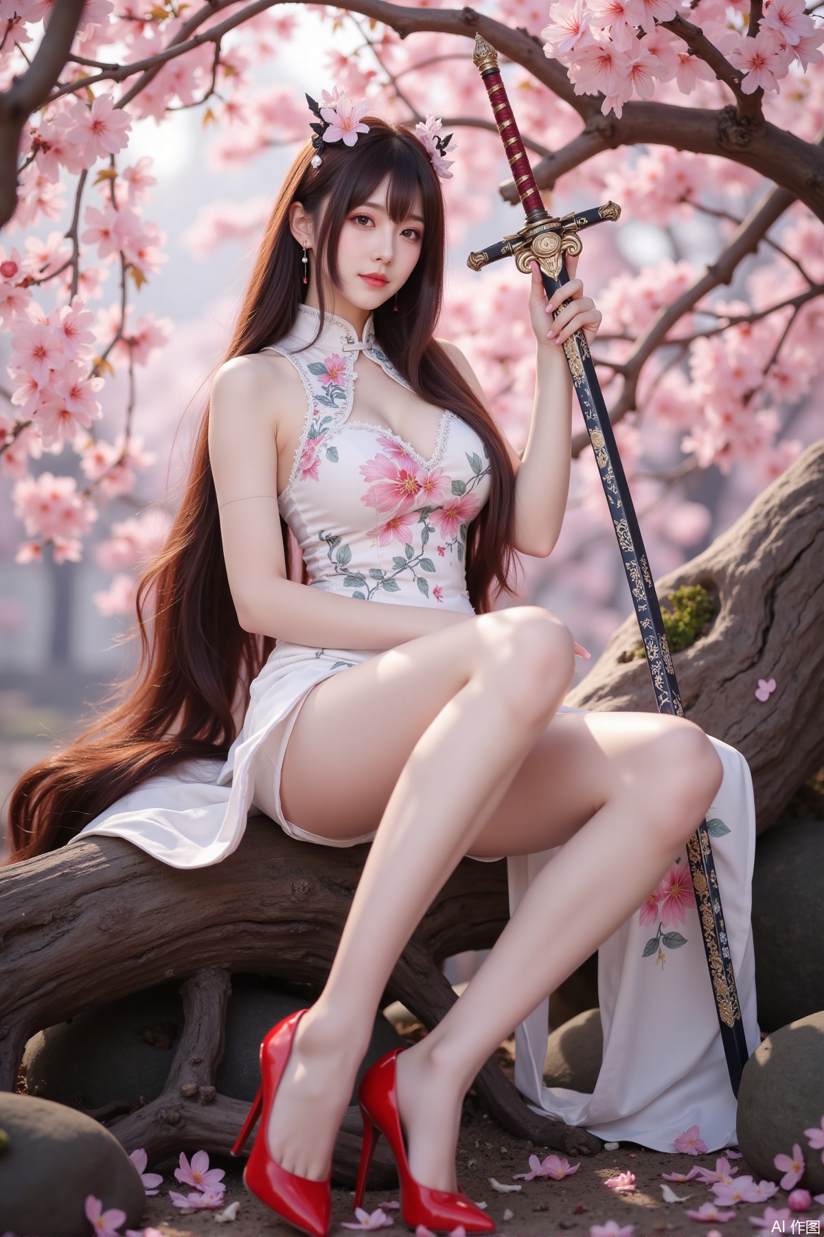 Realistic photo of a young woman with long hair, fair skin, big breast, lace short cheongsam, long legs, red high heels, holding a shining sword, sitting on peach blossom wood, game scene,