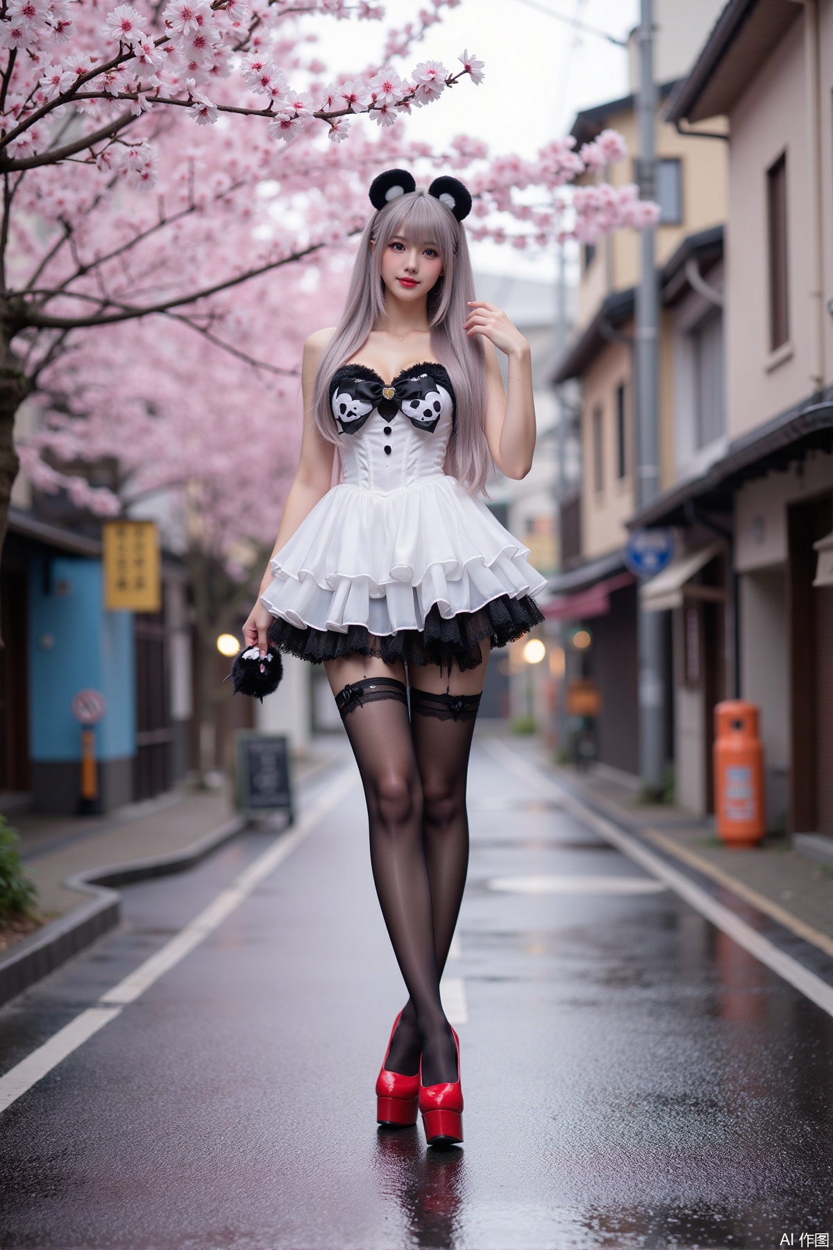 Realistic photo of a young woman with long hair, fair skin, big breast, panda lolita, stockings, long legs, red high heels, full body, wet Japanese street, cherry blossoms,
