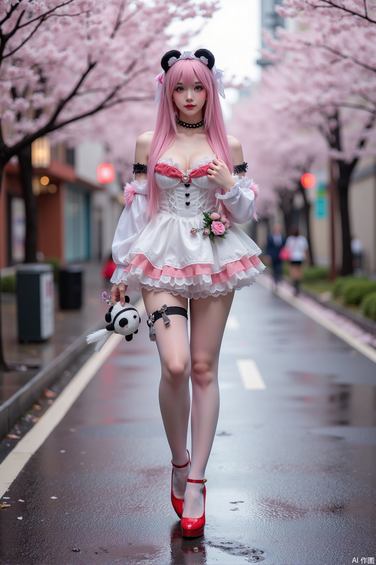 Realistic photo of a young woman with long hair, fair skin, big breast, panda lolita, stockings, long legs, red high heels, full body, wet Japanese street, cherry blossoms,