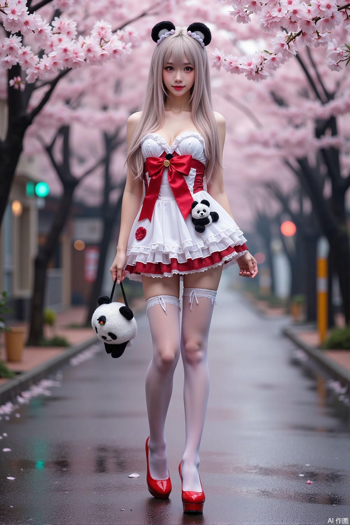 Realistic photo of a young woman with long hair, fair skin, big breast, panda lolita, stockings, long legs, red high heels, full body, wet Japanese street, cherry blossoms,