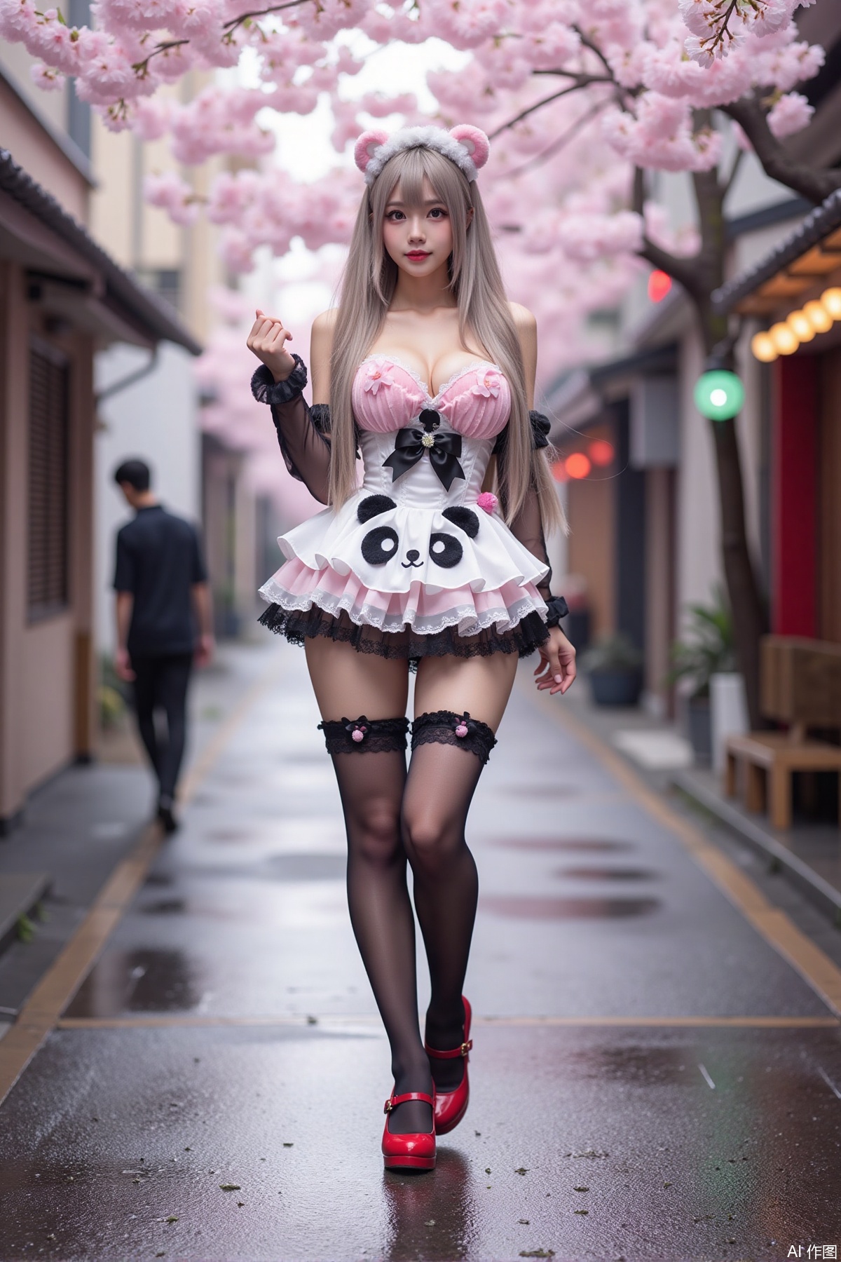 Realistic photo of a young woman with long hair, fair skin, big breast, panda lolita, stockings, long legs, red high heels, full body, wet Japanese street, cherry blossoms,