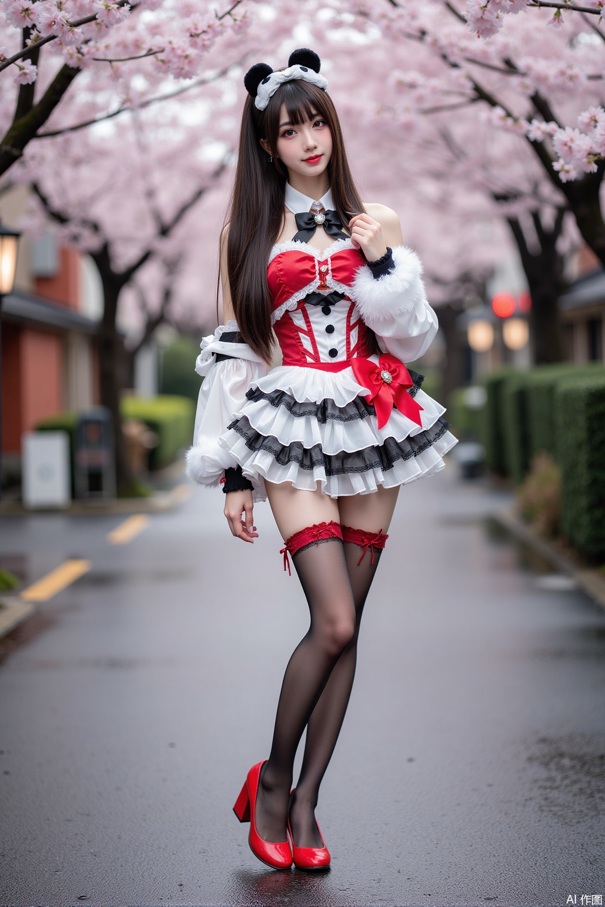 Realistic photo of a young woman with long hair, fair skin, big breast, panda lolita, stockings, long legs, red high heels, full body, wet Japanese street, cherry blossoms,