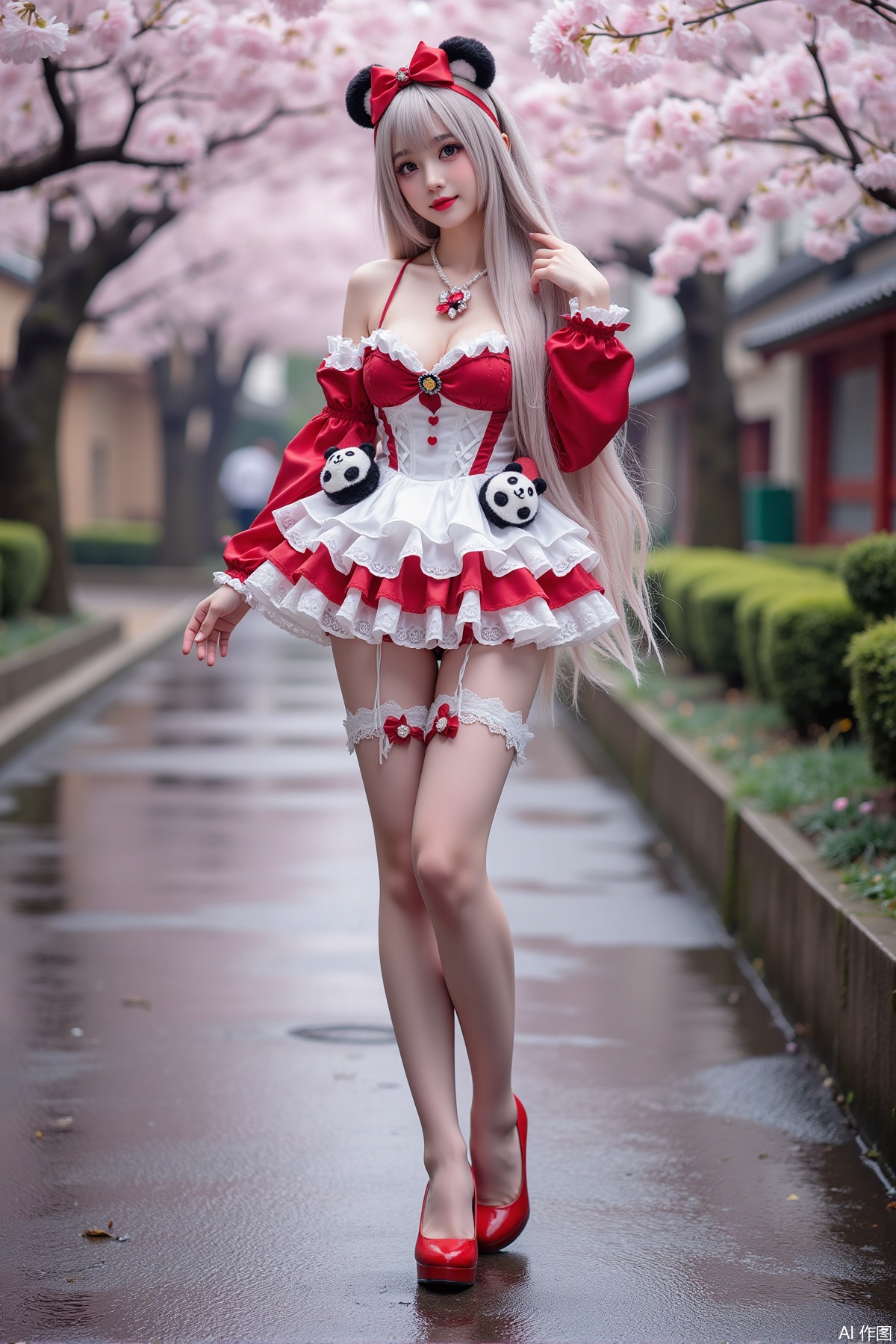 Realistic photo of a young woman with long hair, fair skin, big breast, panda lolita, stockings, long legs, red high heels, full body, wet Japanese street, cherry blossoms,