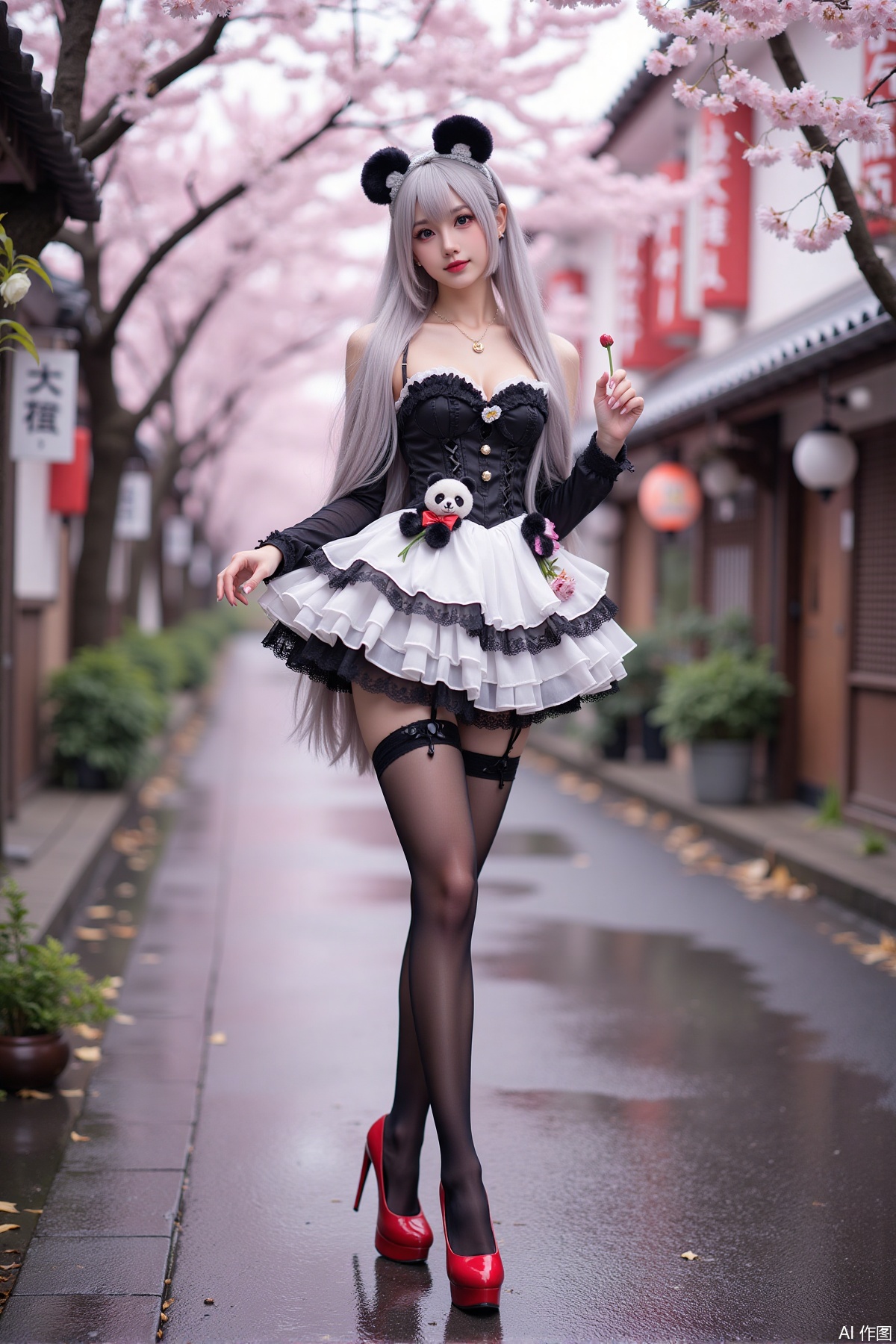 Realistic photo of a young woman with long hair, fair skin, big breast, panda lolita, stockings, long legs, red high heels, full body, wet Japanese street, cherry blossoms,