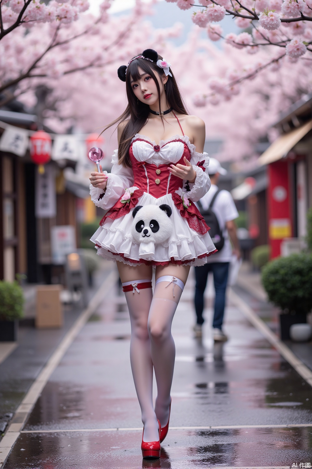 Realistic photo of a young woman with long hair, fair skin, big breast, panda lolita, stockings, long legs, red high heels, full body, wet Japanese street, cherry blossoms,