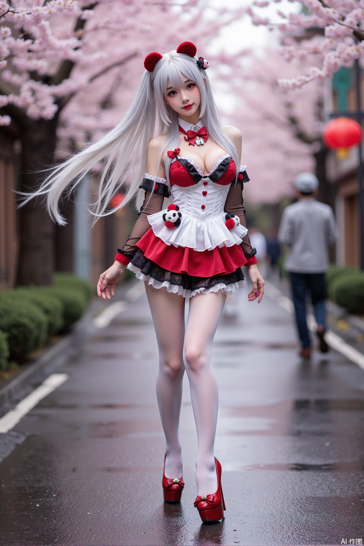 Realistic photo of a young woman with long hair, fair skin, big breast, panda lolita, stockings, long legs, red high heels, full body, wet Japanese street, cherry blossoms,