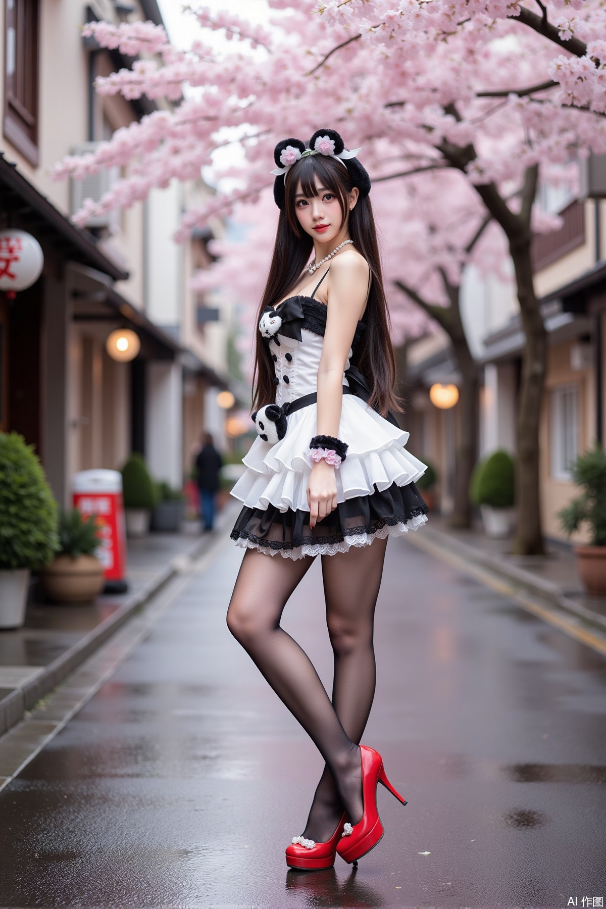 Realistic photo of a young woman with long hair, fair skin, big breast, panda lolita, stockings, long legs, red high heels, full body, wet Japanese street, cherry blossoms,