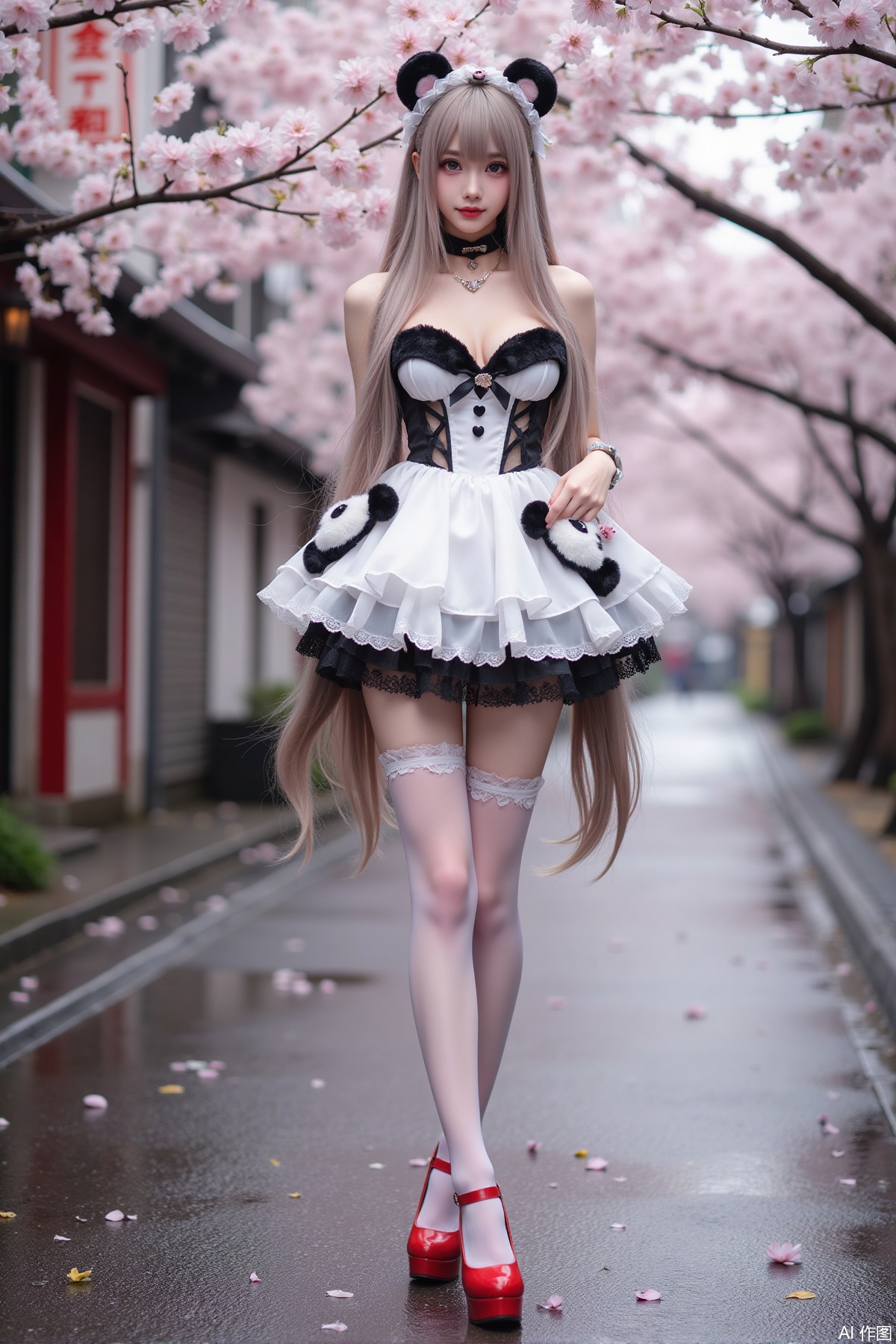 Realistic photo of a young woman with long hair, fair skin, big breast, panda lolita, stockings, long legs, red high heels, full body, wet Japanese street, cherry blossoms,