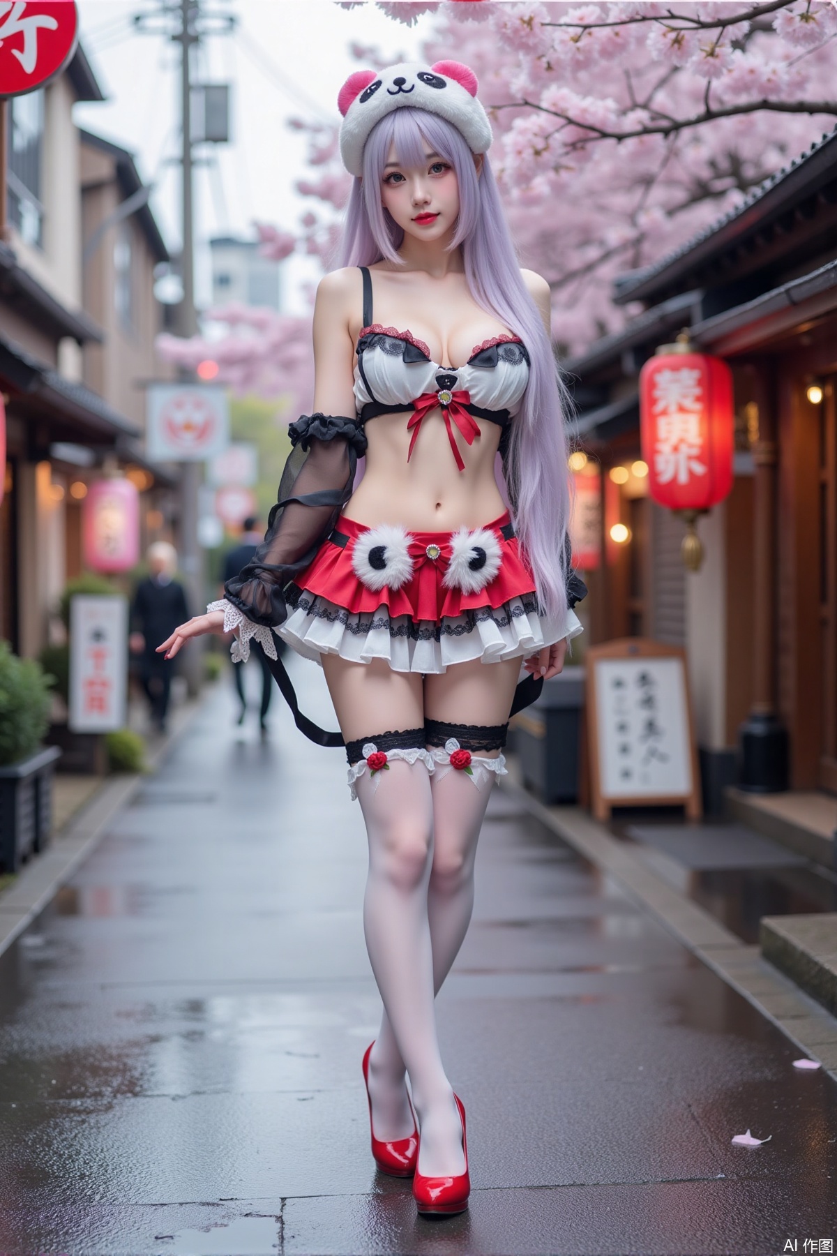 Realistic photo of a young woman with long hair, fair skin, big breast, panda lolita, stockings, long legs, red high heels, full body, wet Japanese street, cherry blossoms,